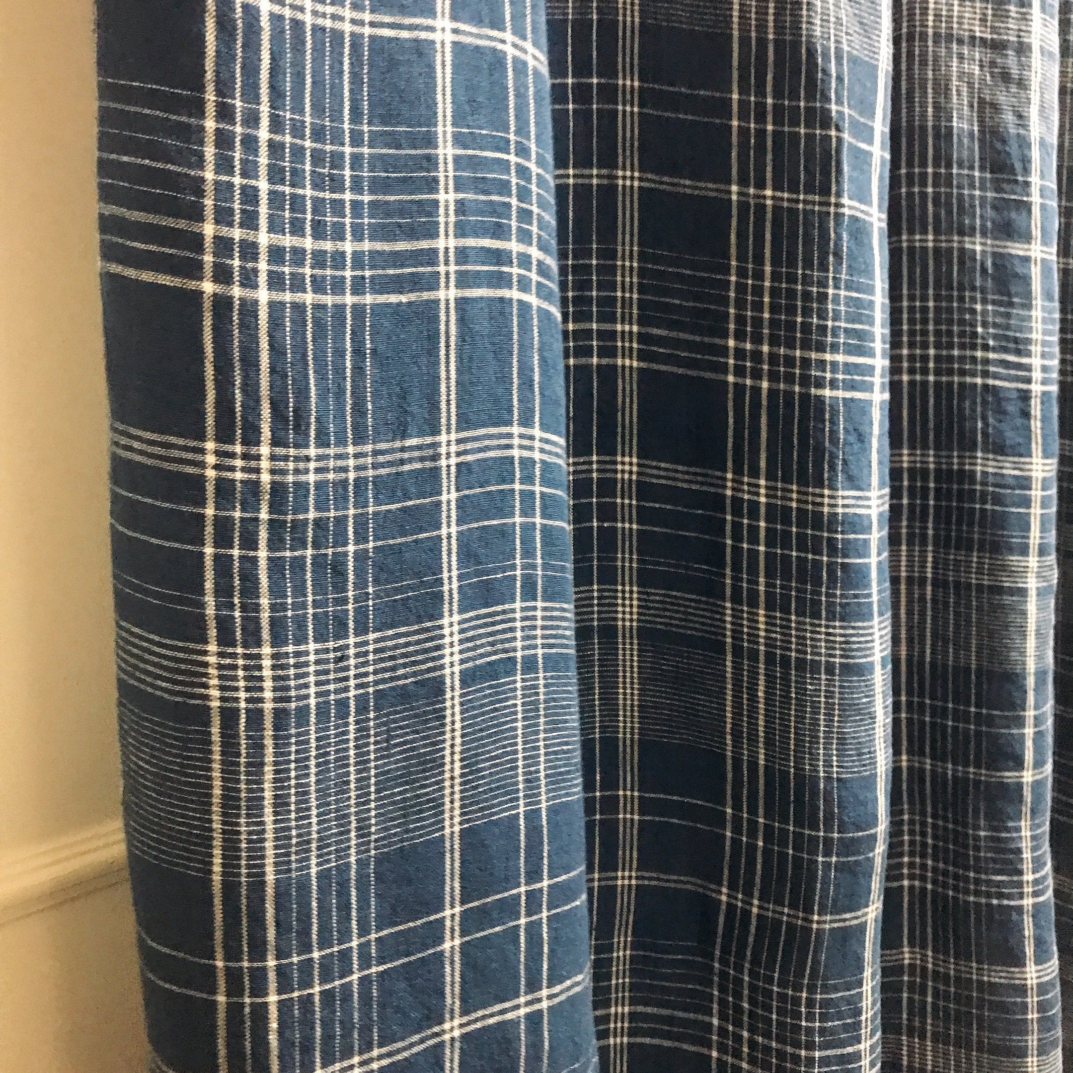 Plaid White Tartan Linen Curtain on Navy