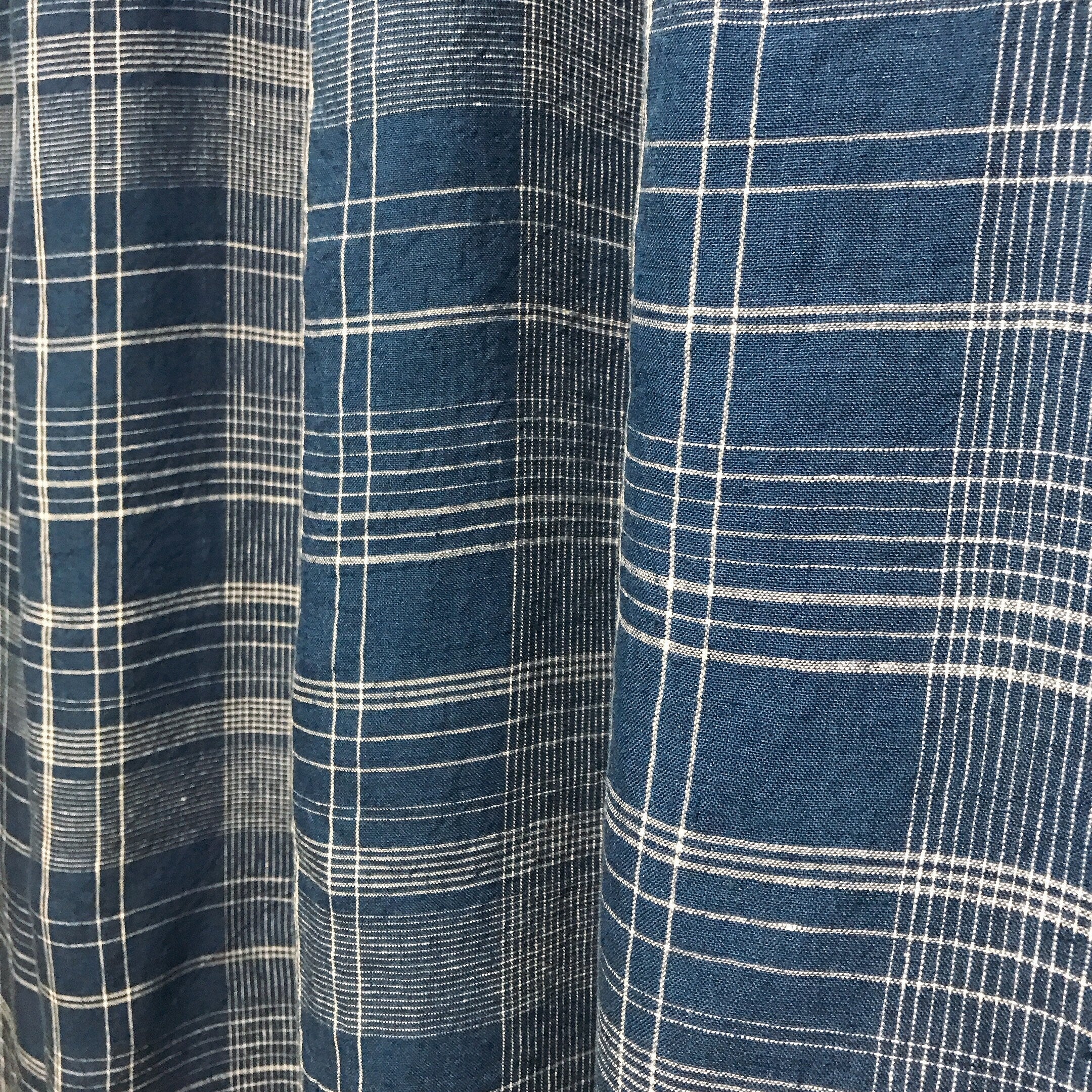 Plaid White Tartan Linen Curtain on Navy