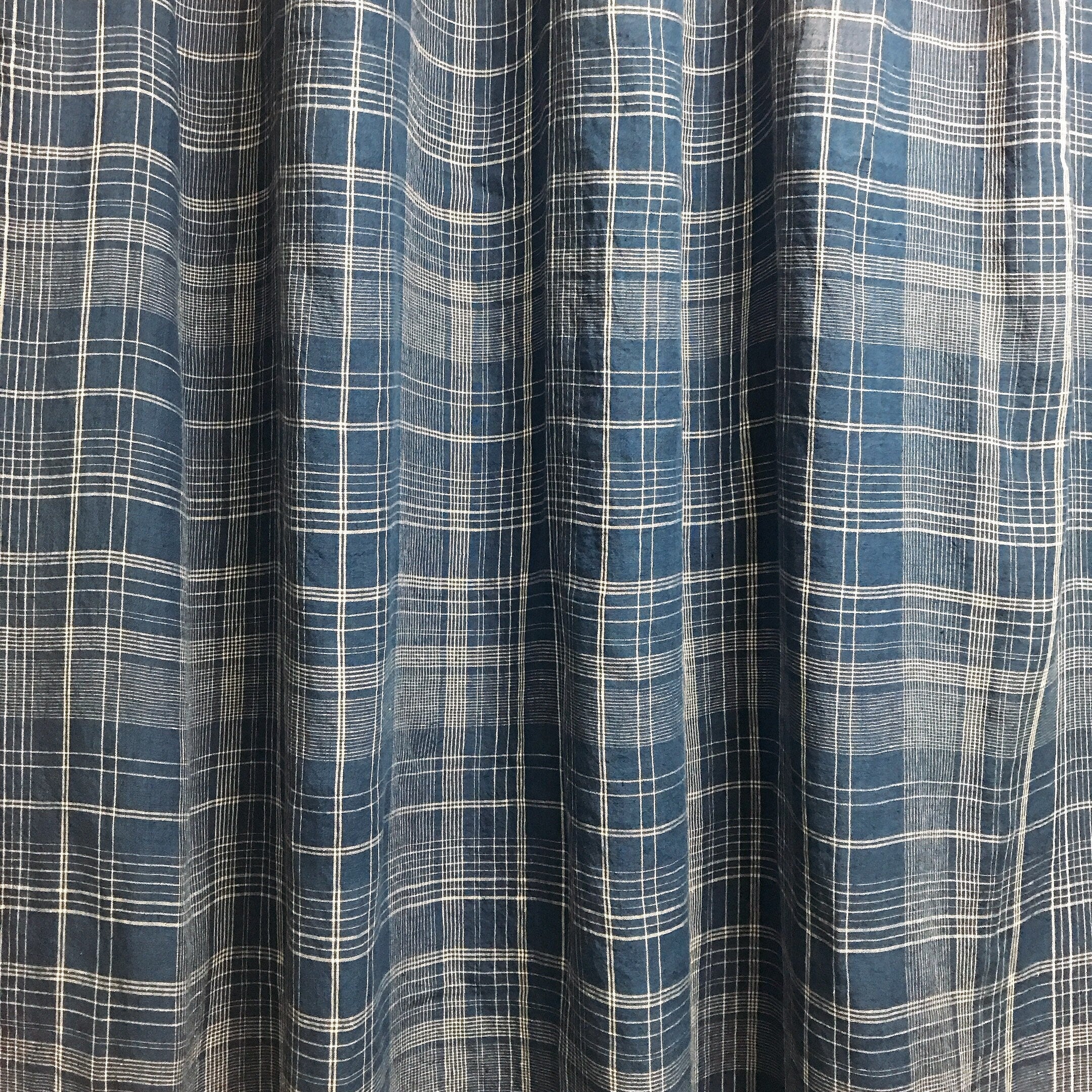 Plaid White Tartan Linen Curtain on Navy