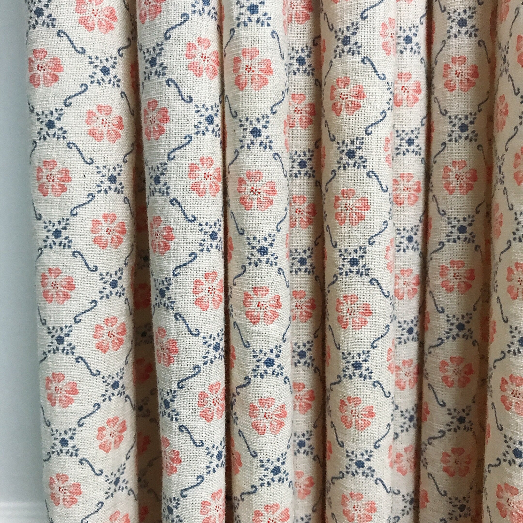 Retro Pink and Navy Blue Floral Curtain on Natural Beige