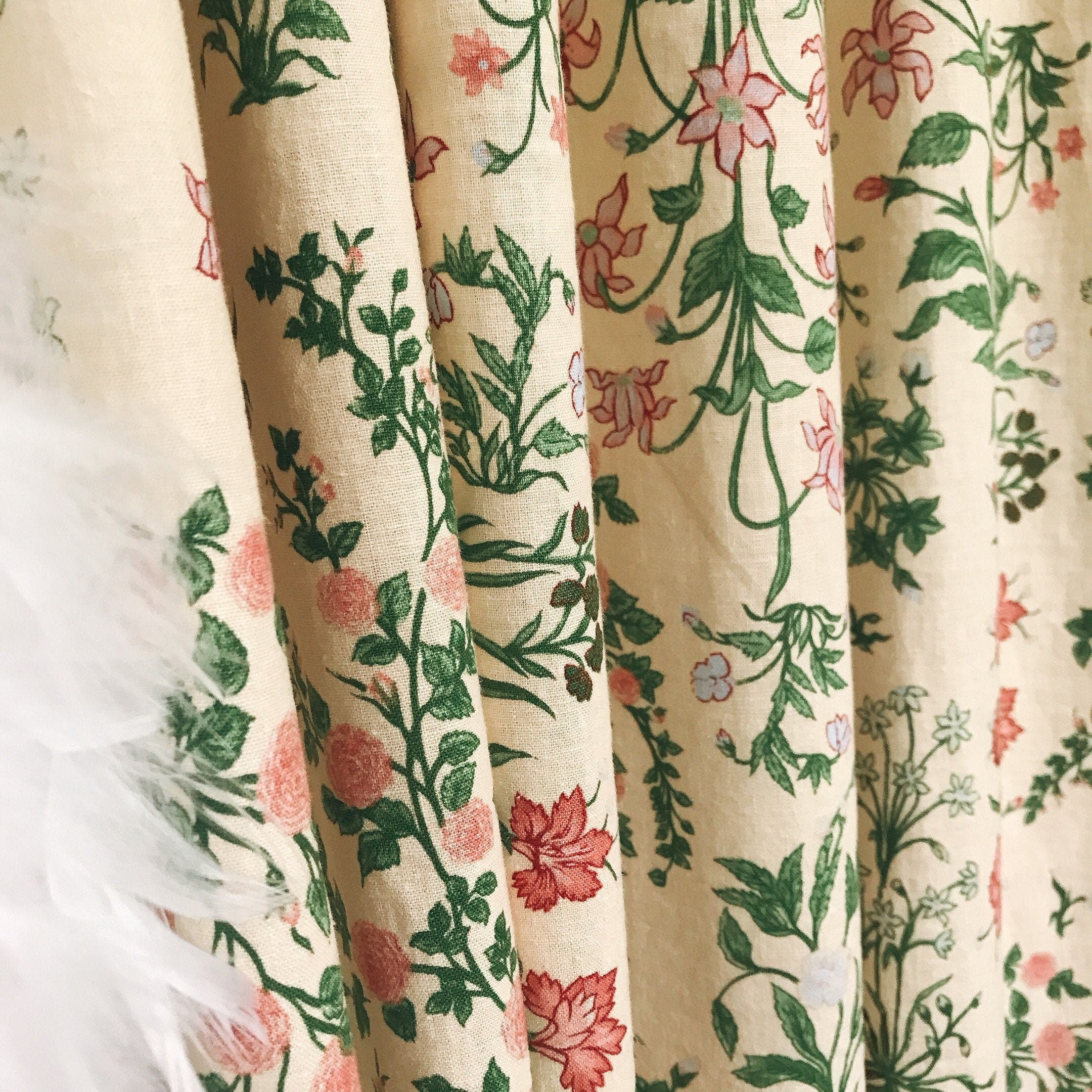 Pink and Pale Mint Floral Curtain on Buttercup Beige