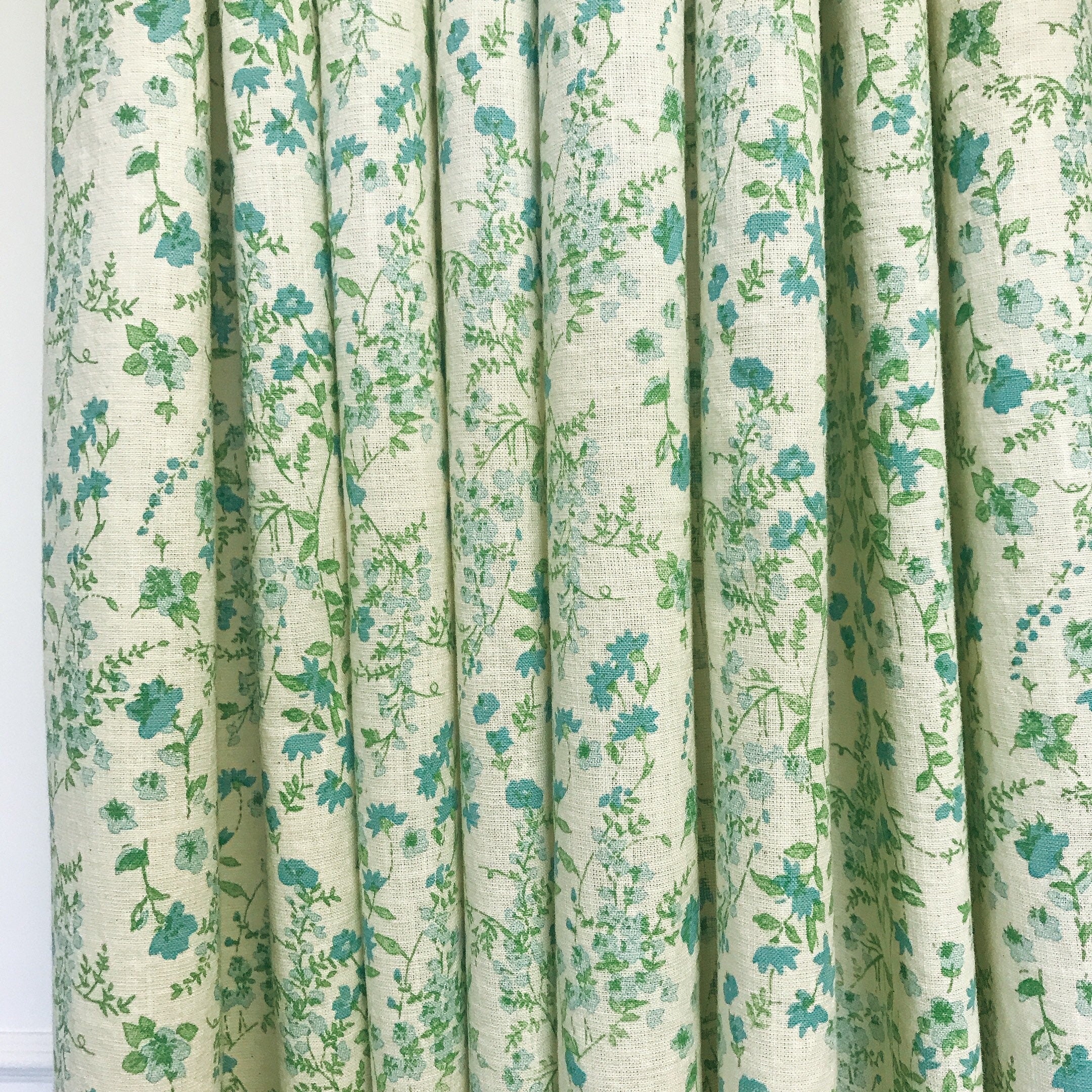 Turquoise Blue Floral Curtain on Natural Beige