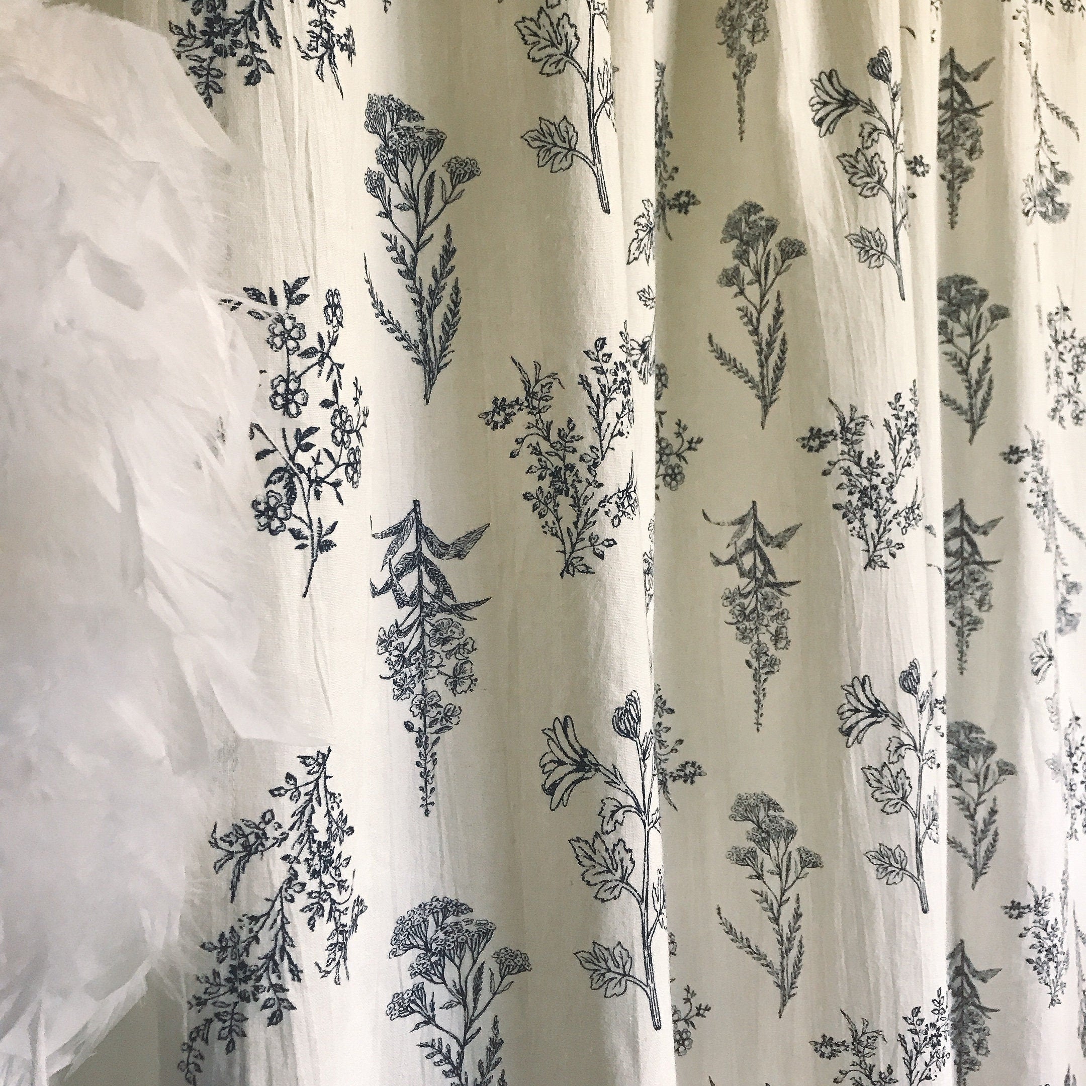 Navy Blue Botanical Curtain on Ivory