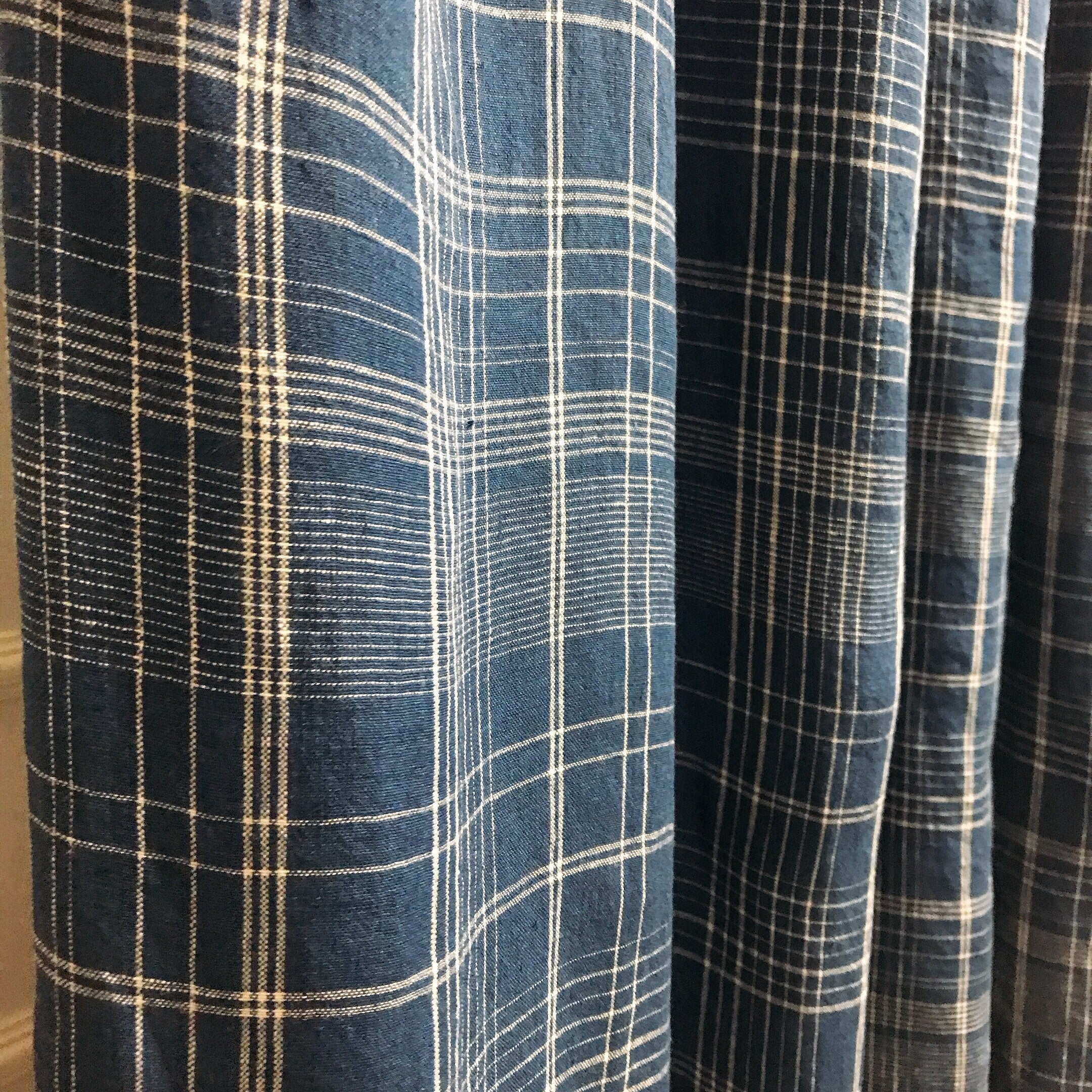 Plaid White Tartan Linen Curtain on Navy