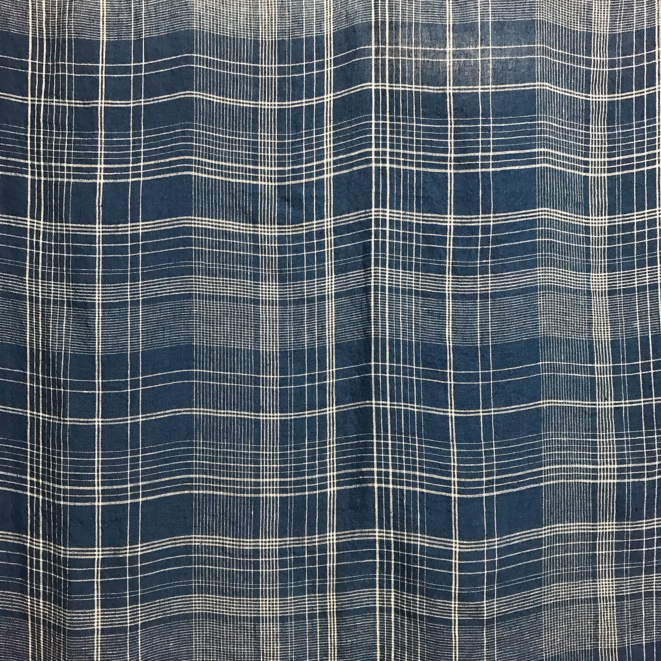 Plaid White Tartan Linen Curtain on Navy