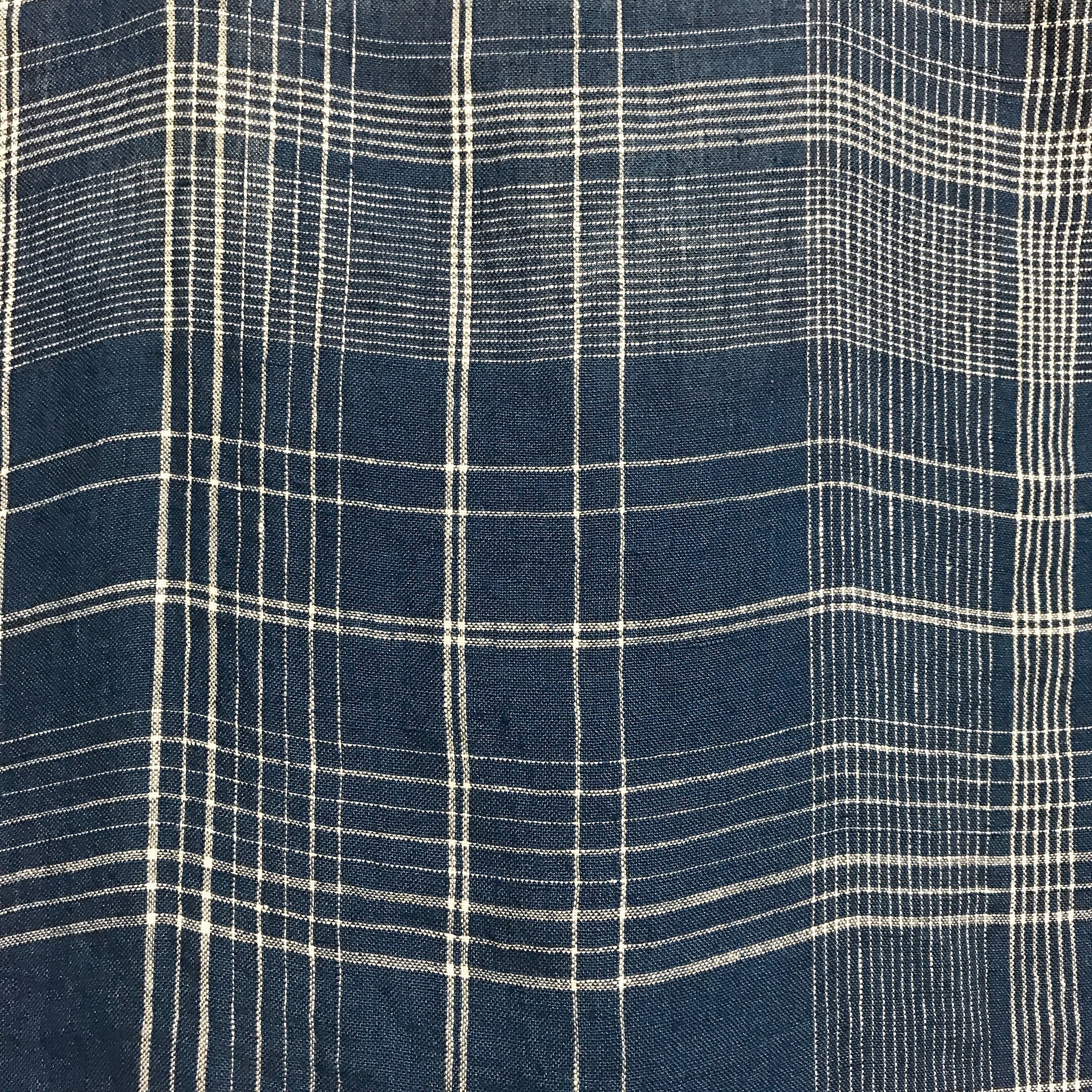Plaid White Tartan Linen Curtain on Navy