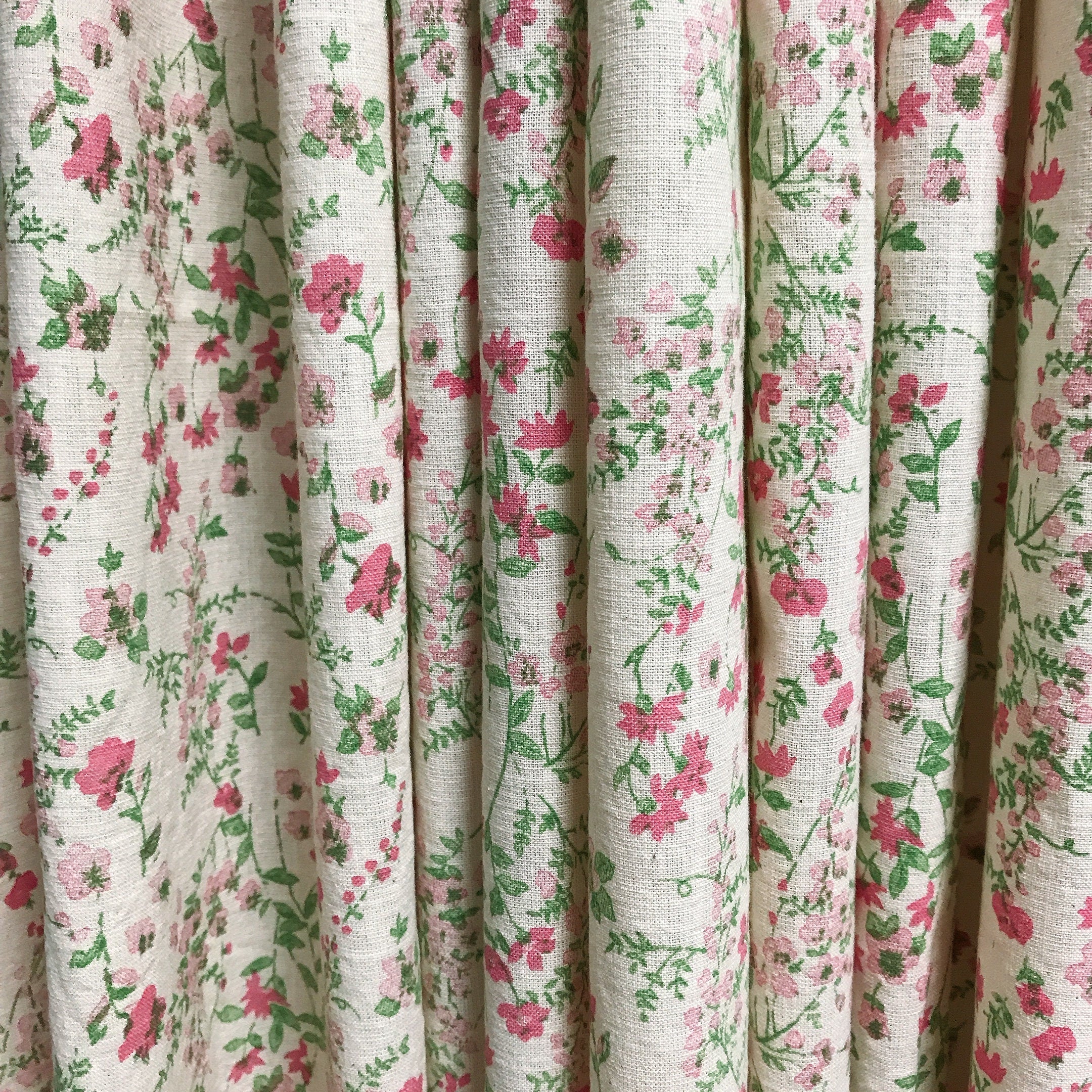 Fuchsia Pink and Green Wildflower Curtain on Natural Beige