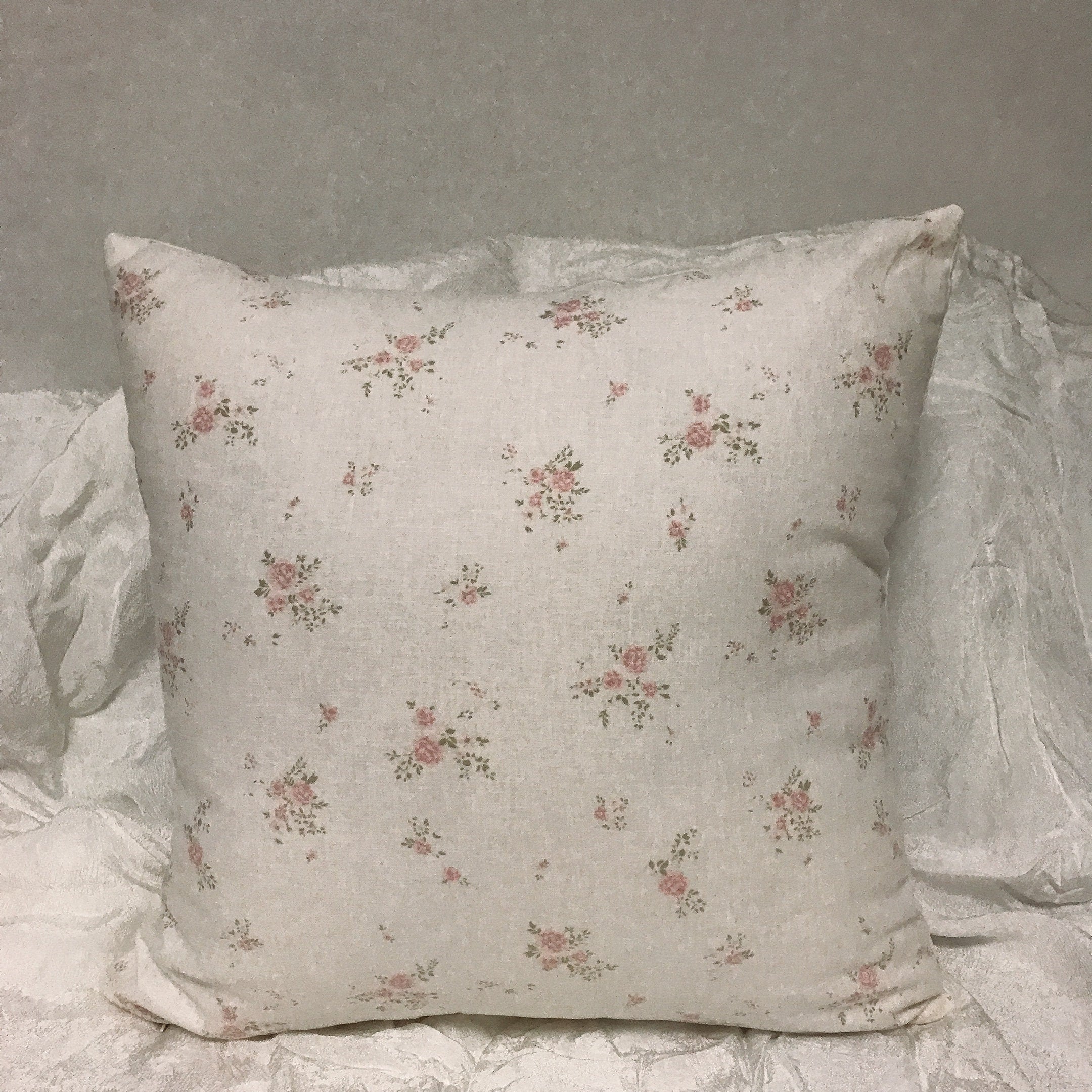 Pink Floral Pattern Ivory Background Washed Linen Cotton Decorative Square Cushion Cover 18 inches