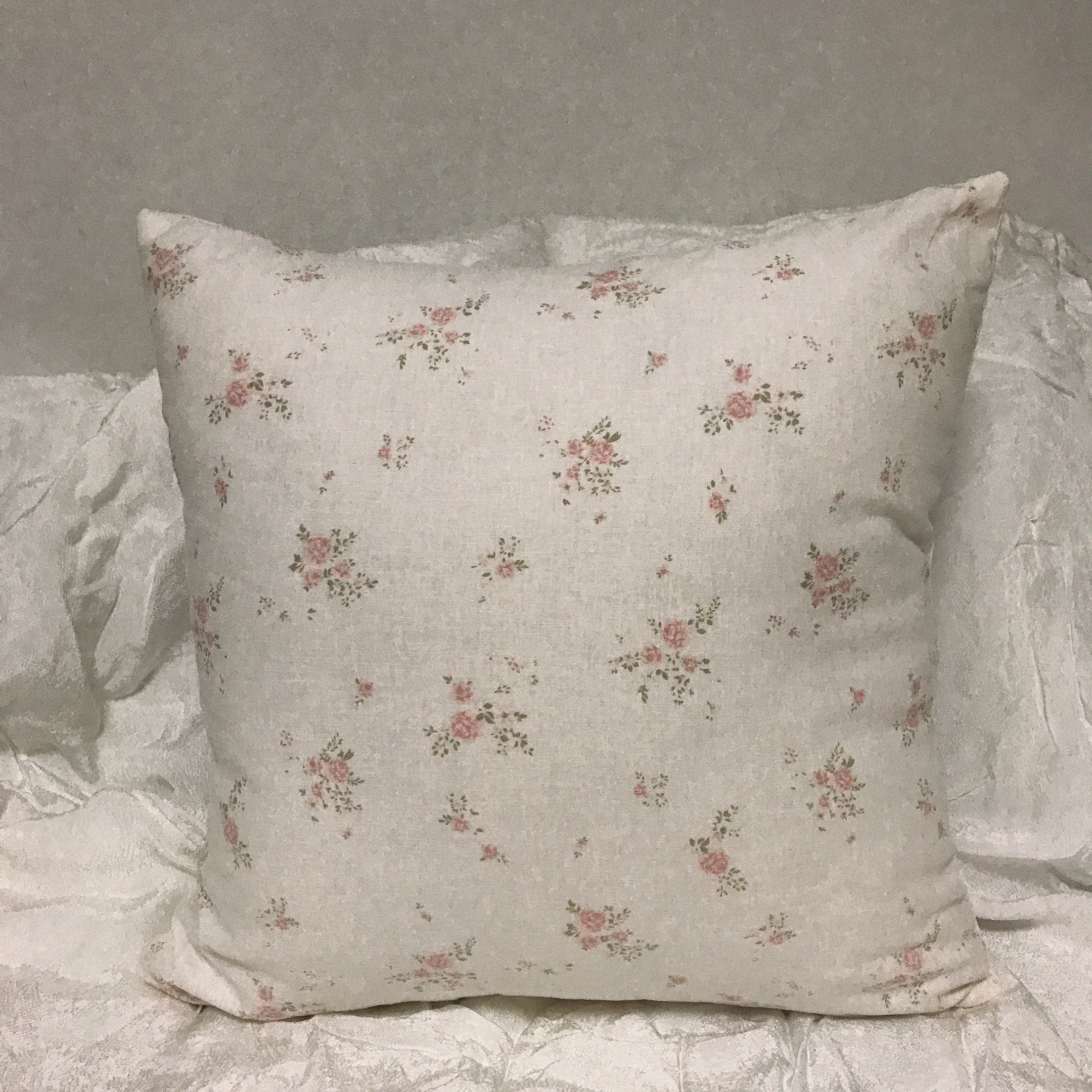 Pink Floral Pattern Ivory Background Washed Linen Cotton Decorative Square Cushion Cover 18 inches