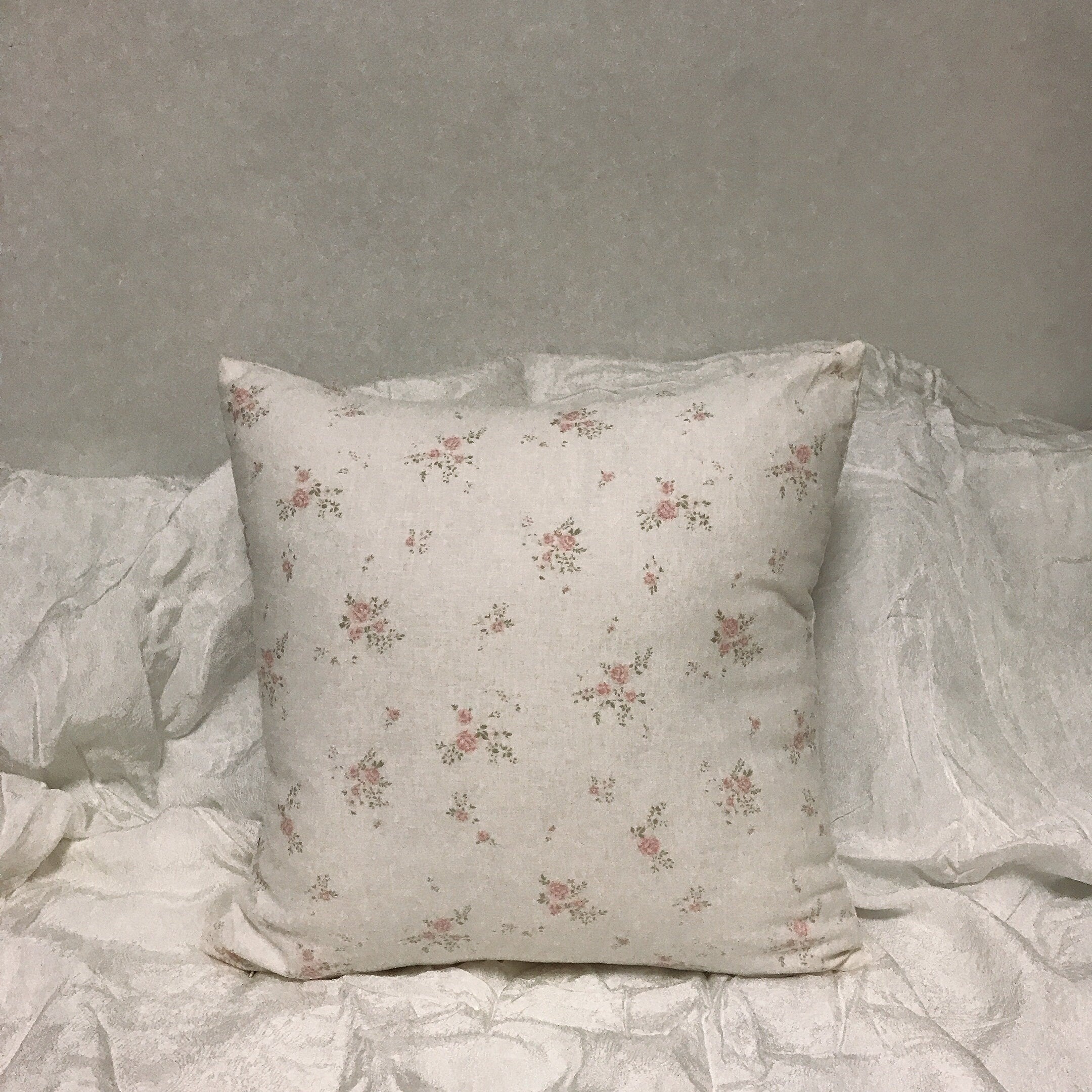 Pink Floral Pattern Ivory Background Washed Linen Cotton Decorative Square Cushion Cover 18 inches