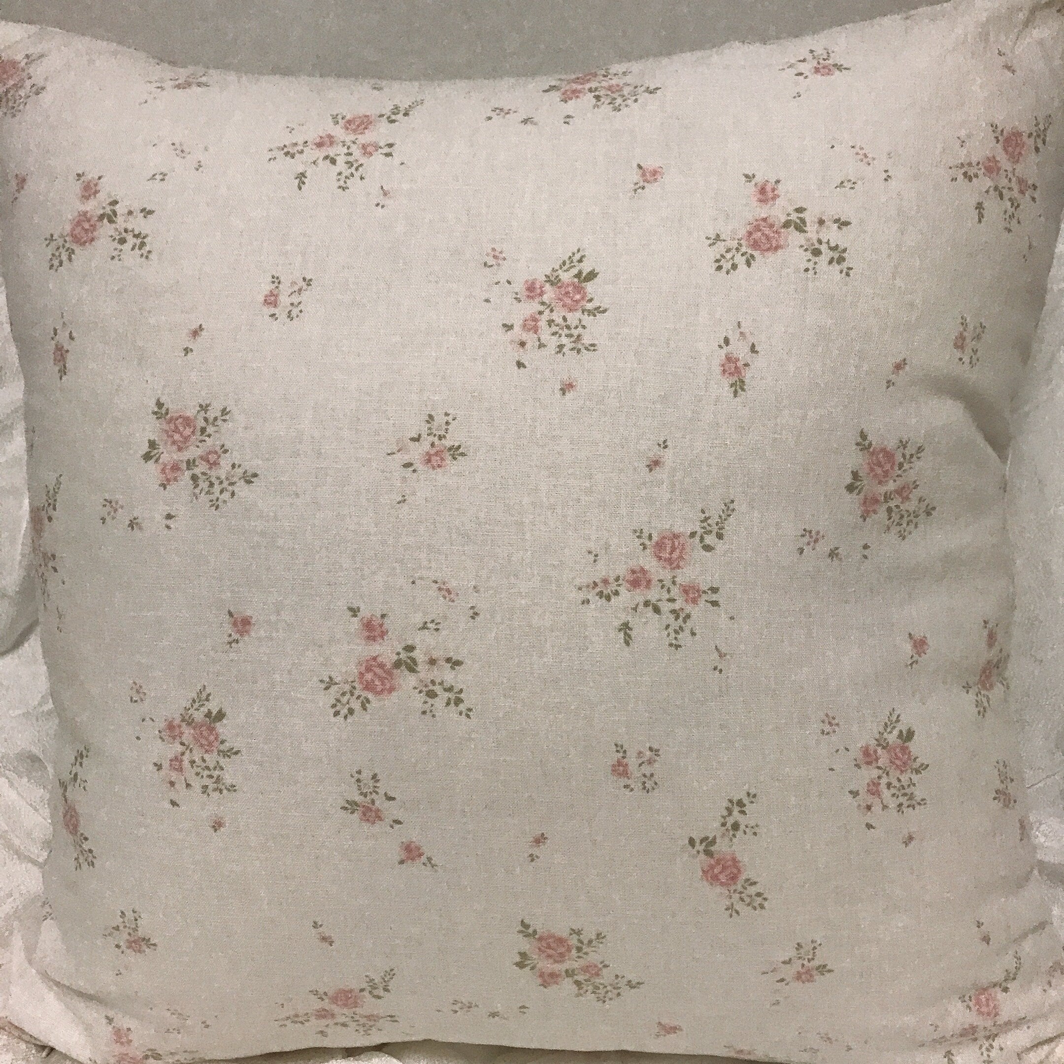 Pink Floral Pattern Ivory Background Washed Linen Cotton Decorative Square Cushion Cover 18 inches