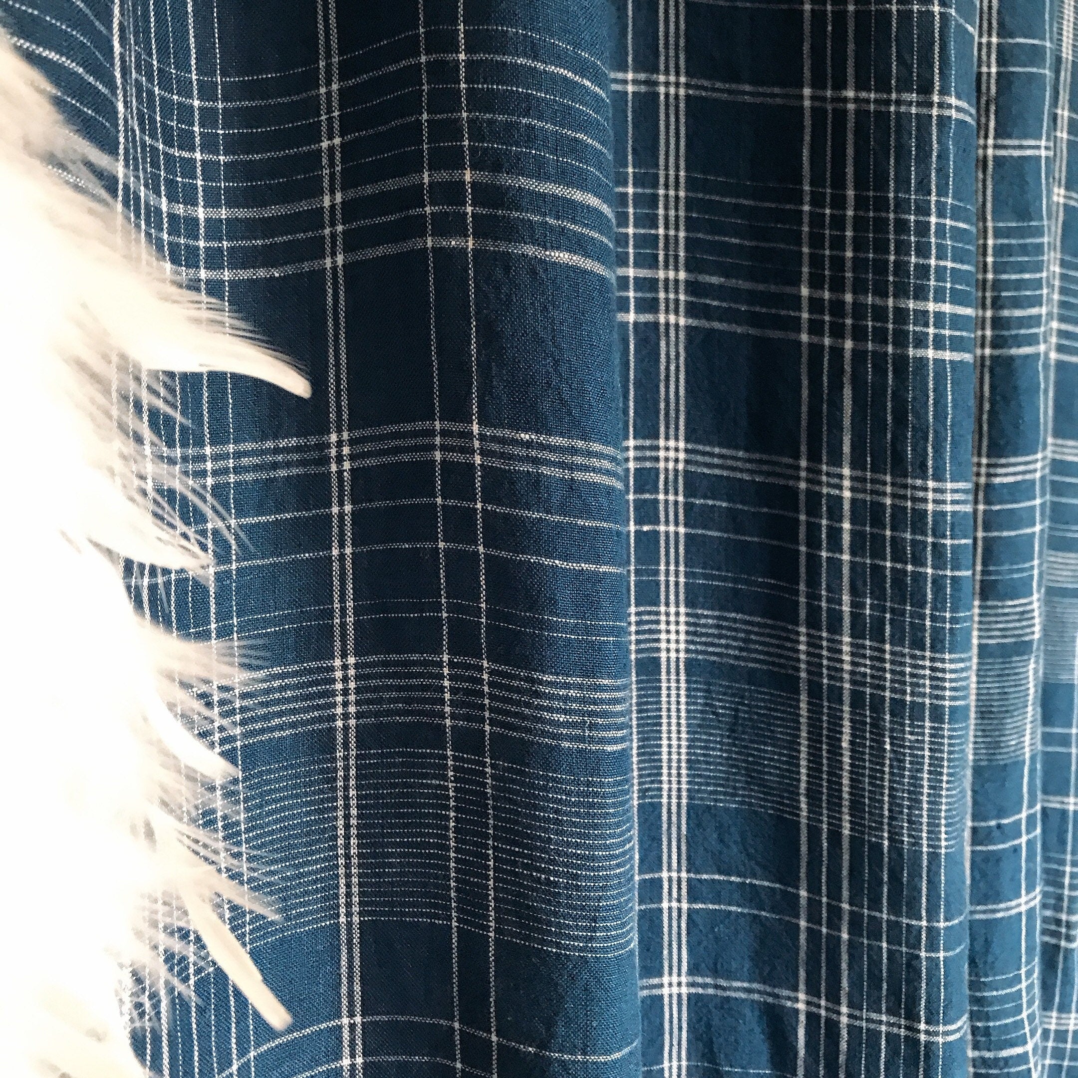 Plaid White Tartan Linen Curtain on Navy