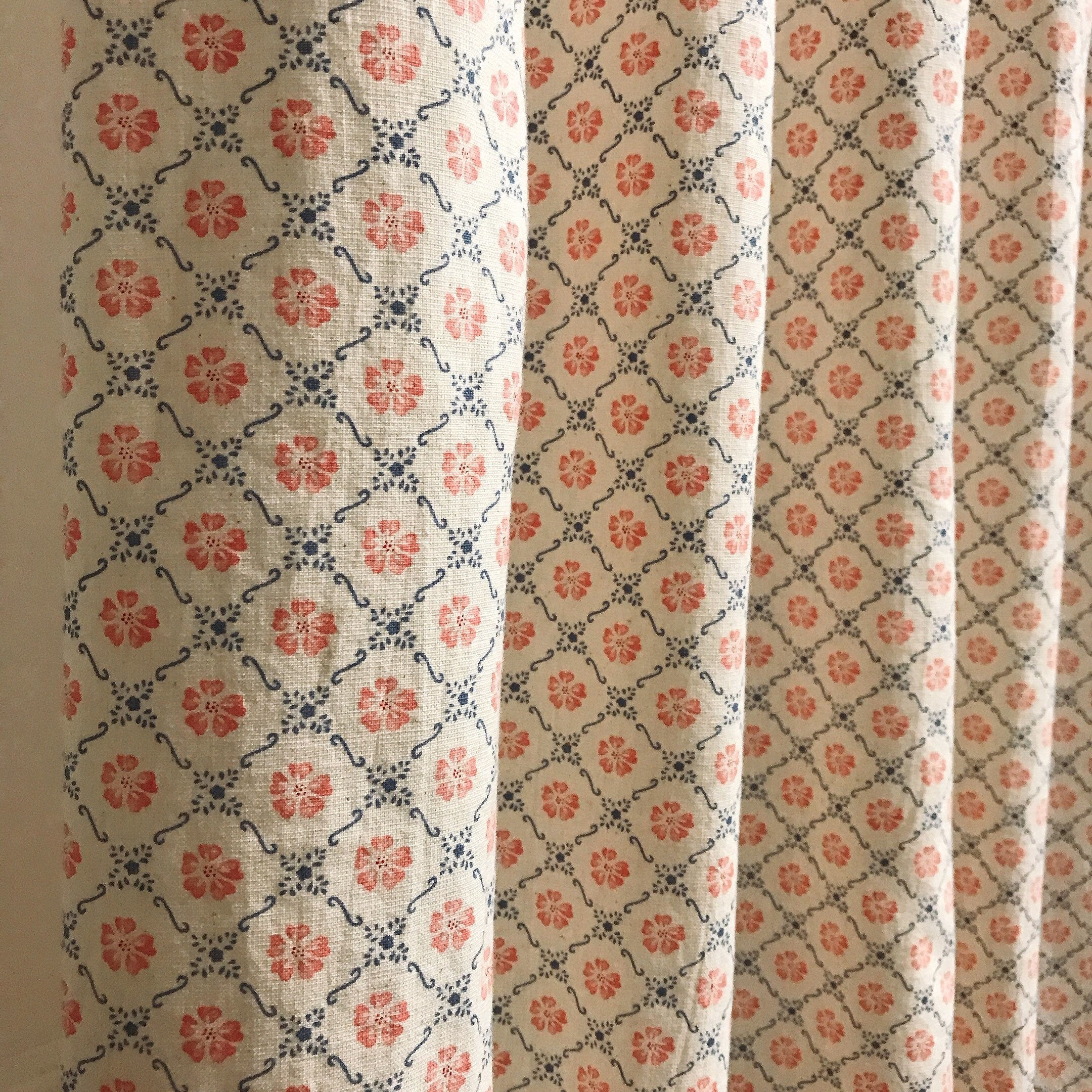 Retro Pink and Navy Blue Floral Curtain on Natural Beige