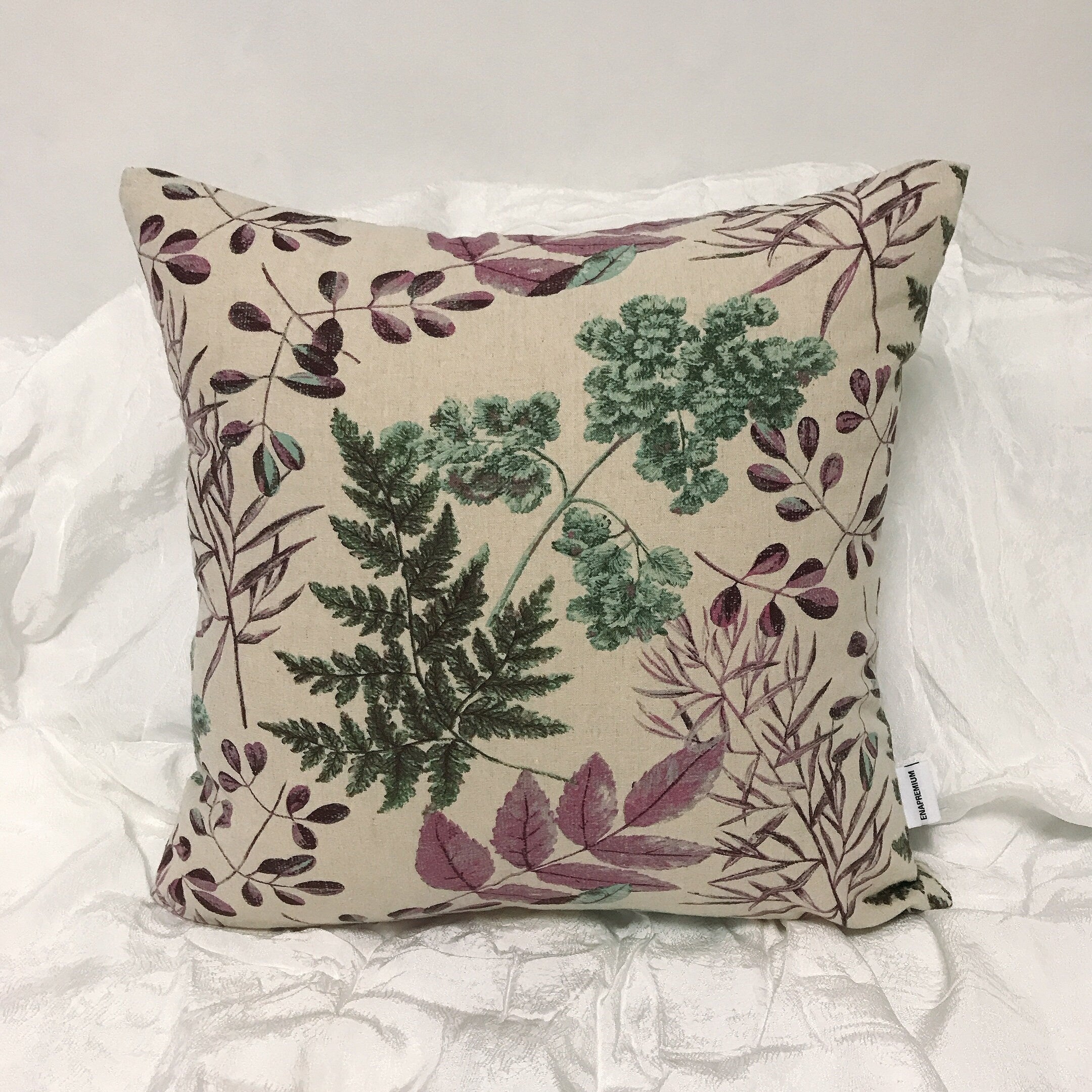 Purple and Green Foliage Cushion on Natural Beige