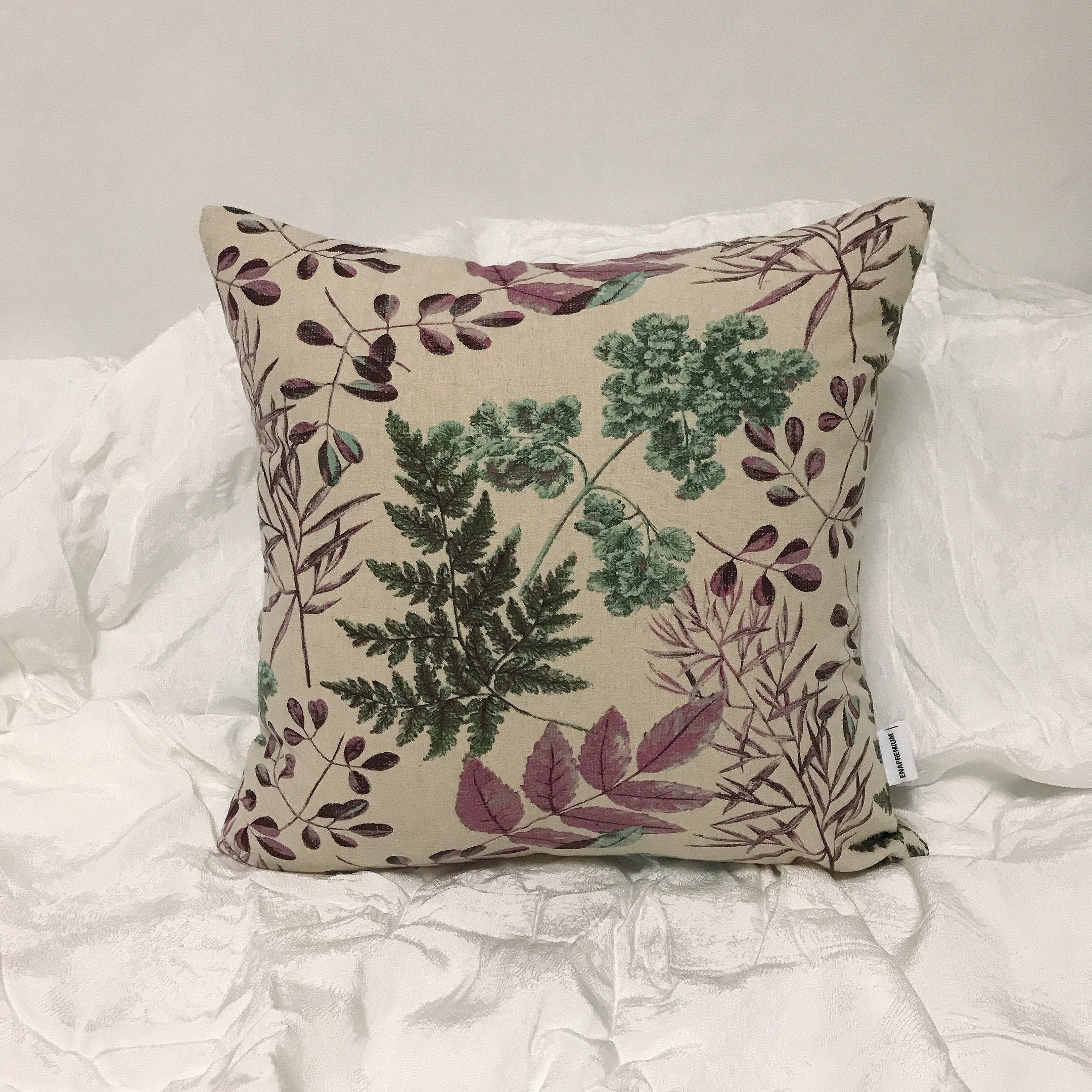 Purple and Green Foliage Cushion on Natural Beige