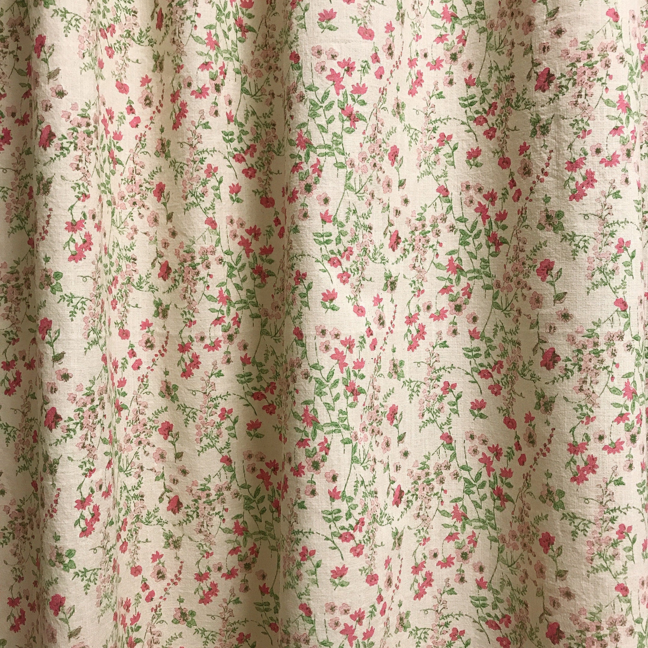 Fuchsia Pink and Green Wildflower Curtain on Natural Beige