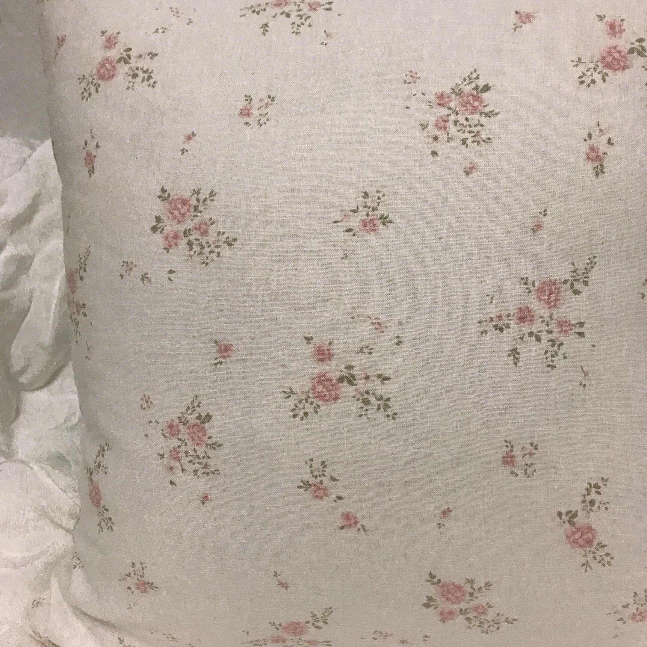 Pink Floral Pattern Ivory Background Washed Linen Cotton Decorative Square Cushion Cover 18 inches