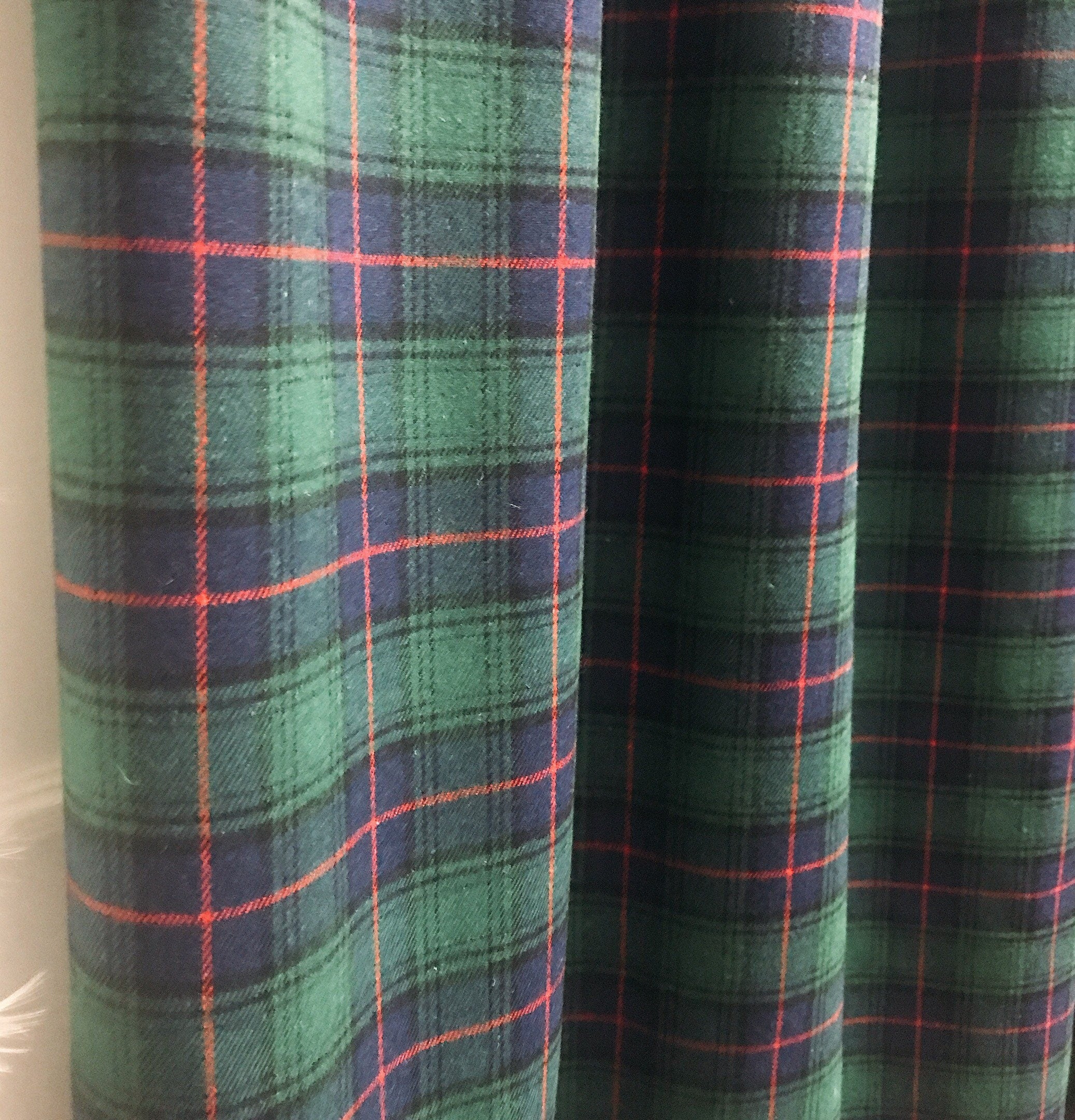 Navy Blue and Deep Green Wool Blend Plaid Curtain on Red Accents