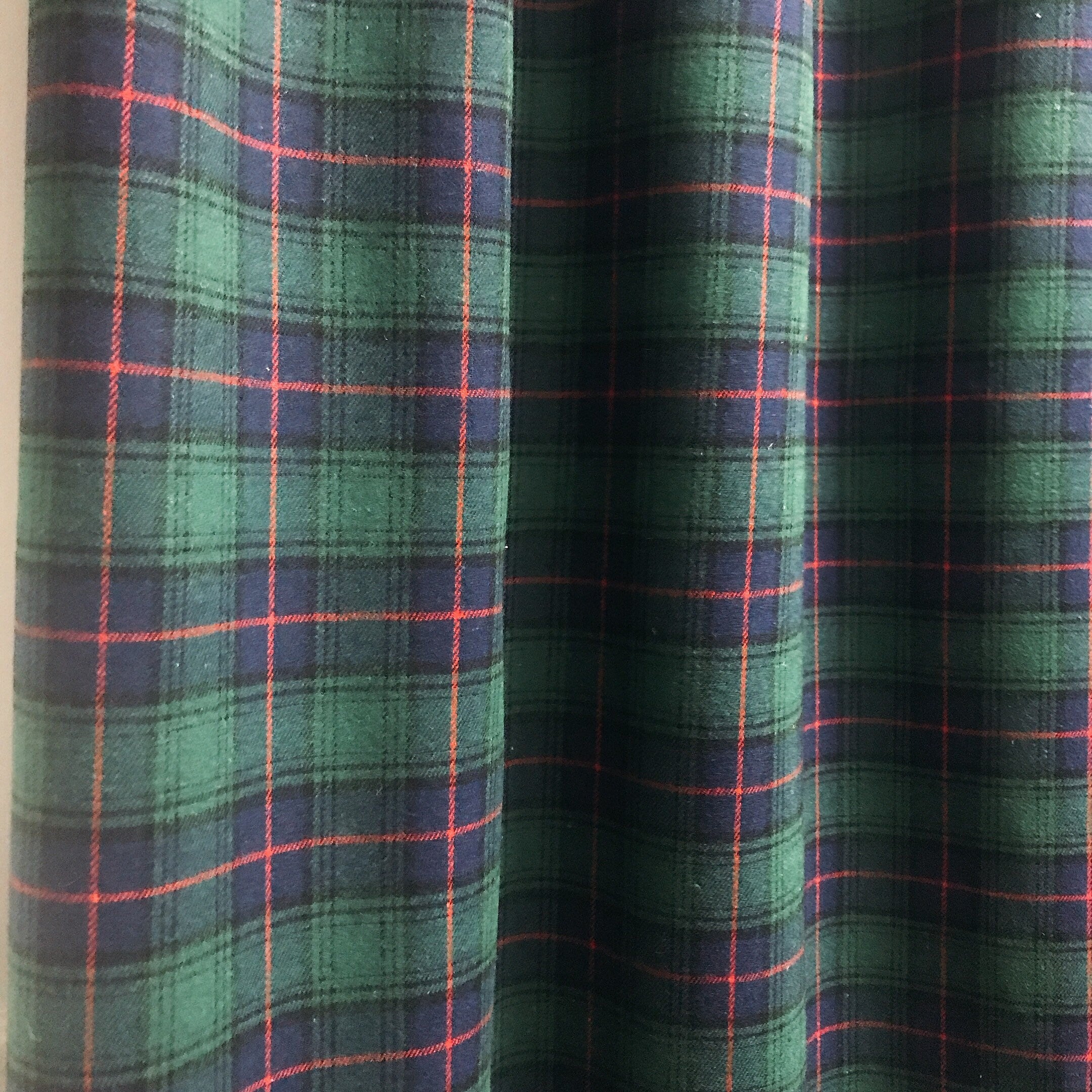 Navy Blue and Deep Green Wool Blend Plaid Curtain on Red Accents