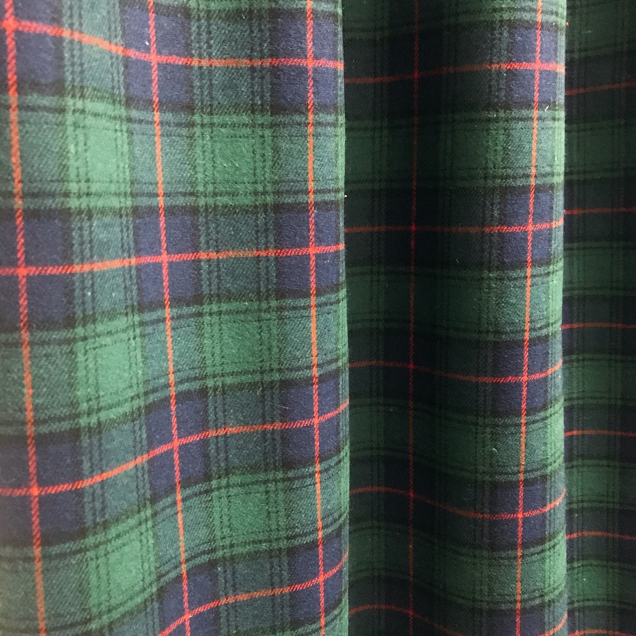 Navy Blue and Deep Green Wool Blend Plaid Curtain on Red Accents