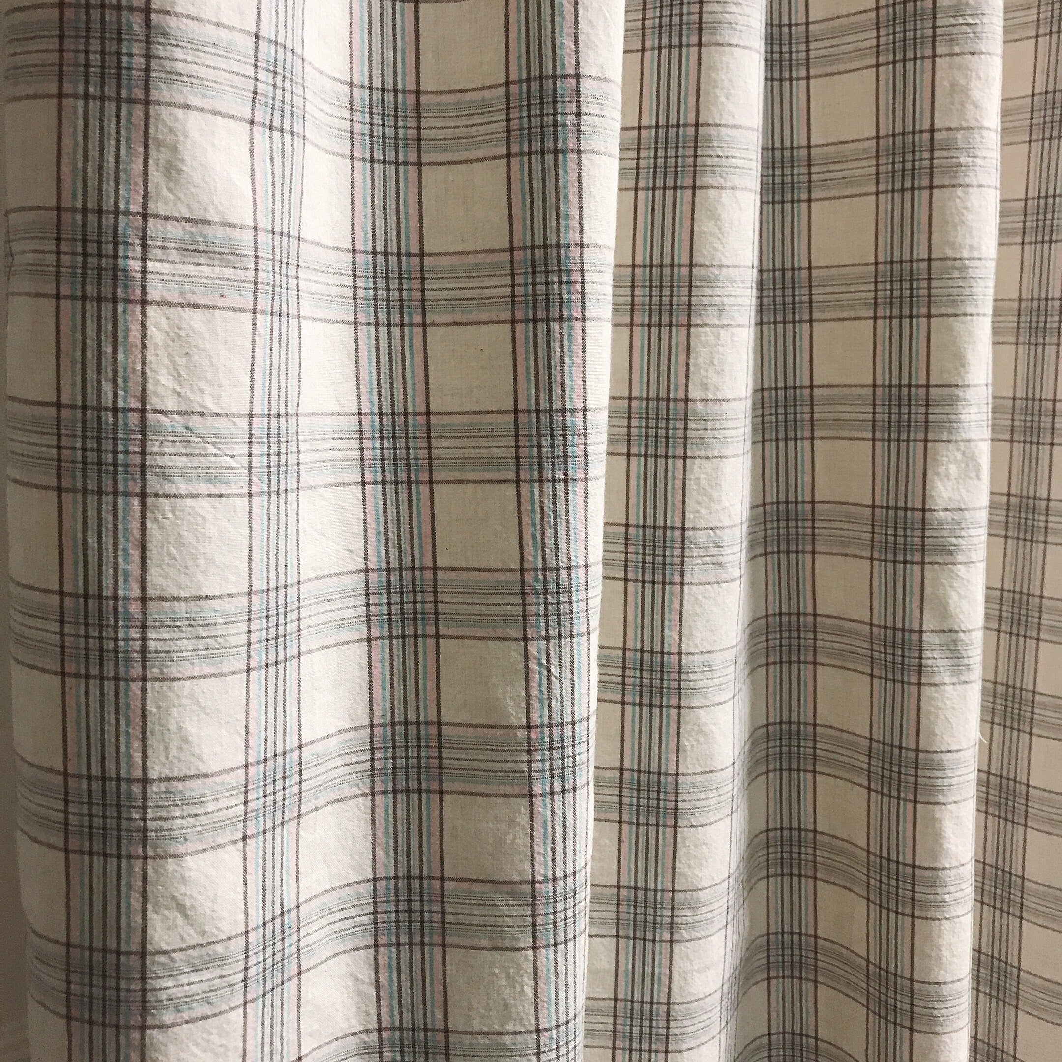 Brown Pink and Mint Plaid Curtain on Natural Beige
