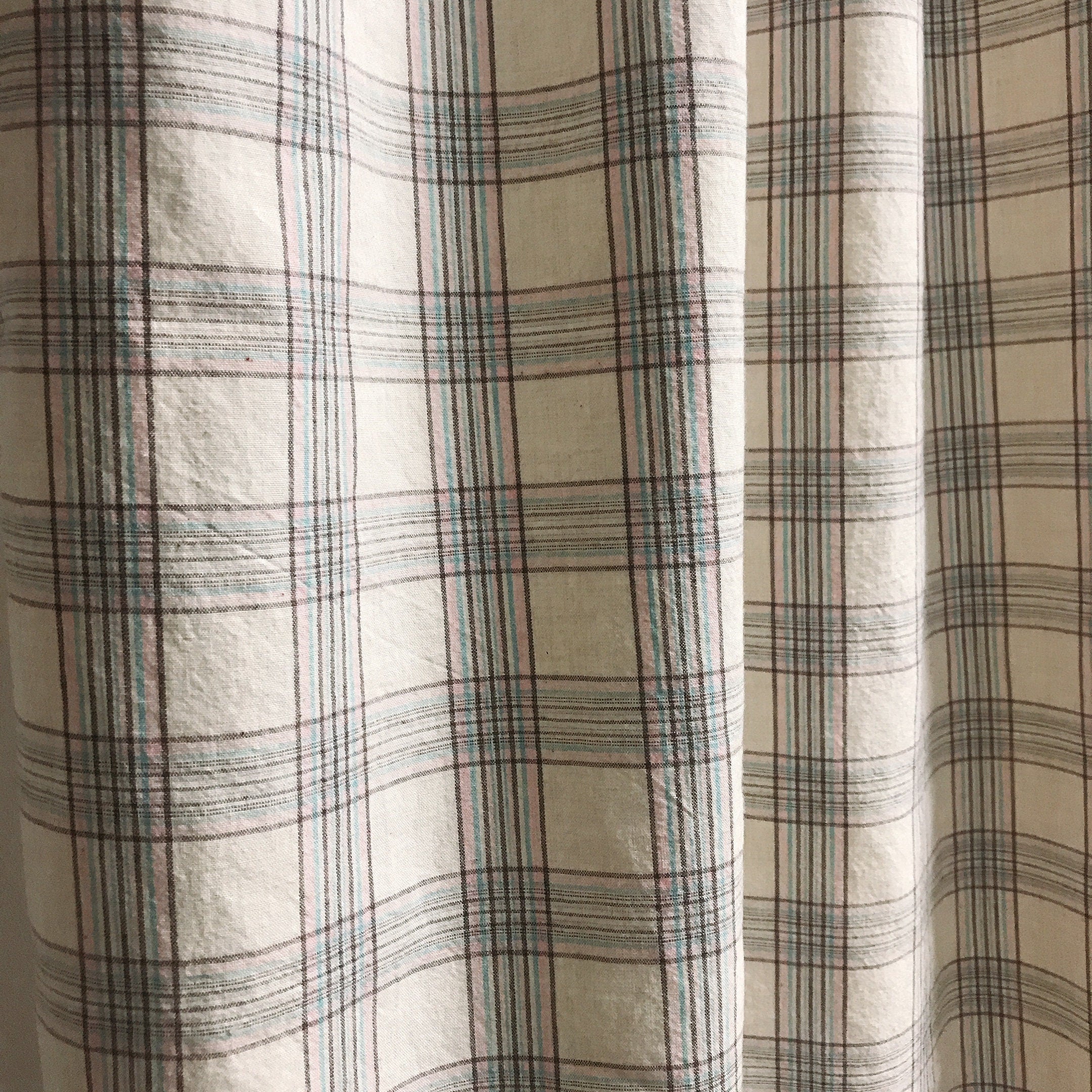 Brown Pink and Mint Plaid Curtain on Natural Beige