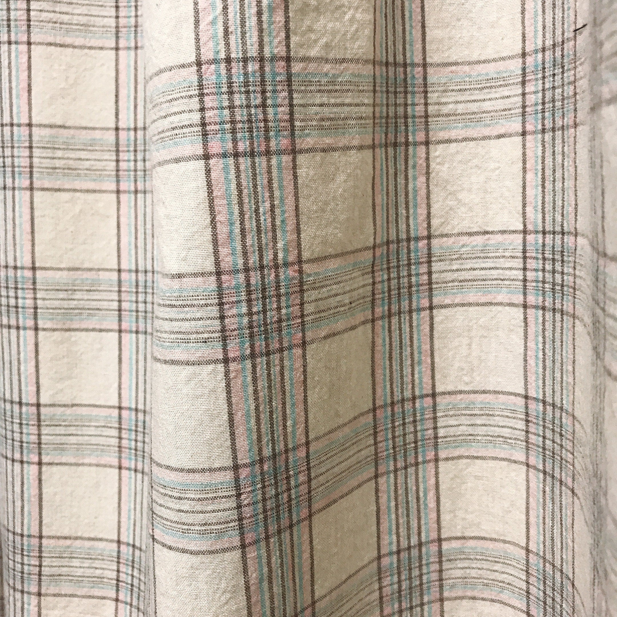 Brown Pink and Mint Plaid Curtain on Natural Beige