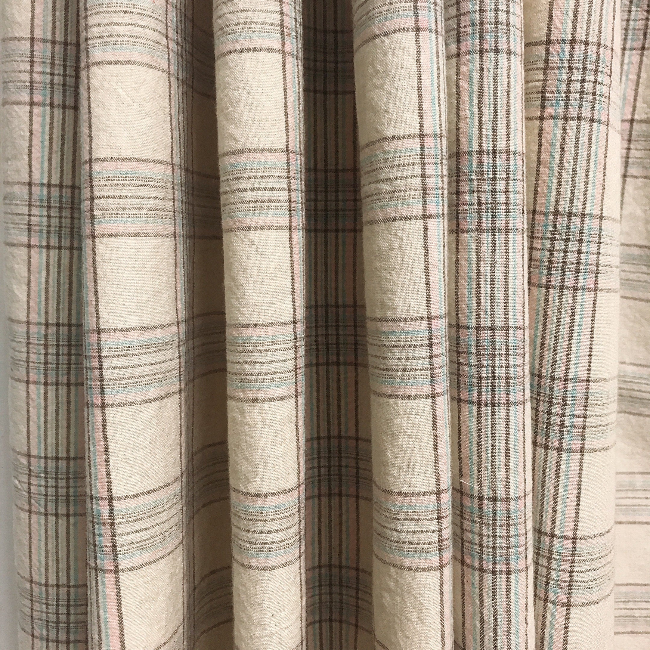 Brown Pink and Mint Plaid Curtain on Natural Beige