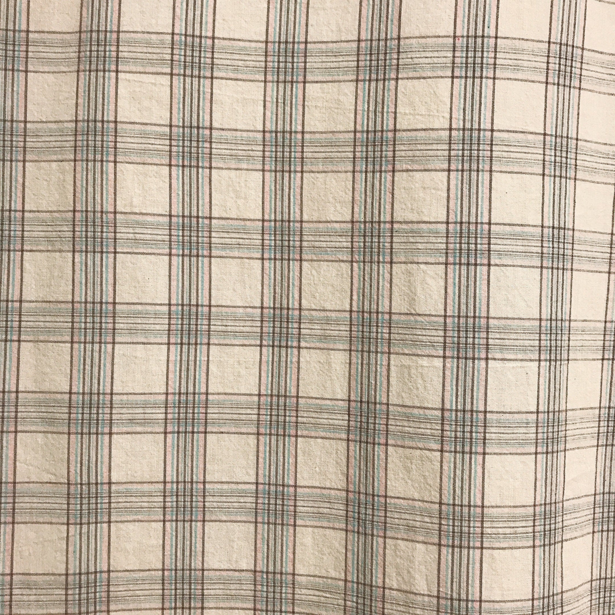 Brown Pink and Mint Plaid Curtain on Natural Beige