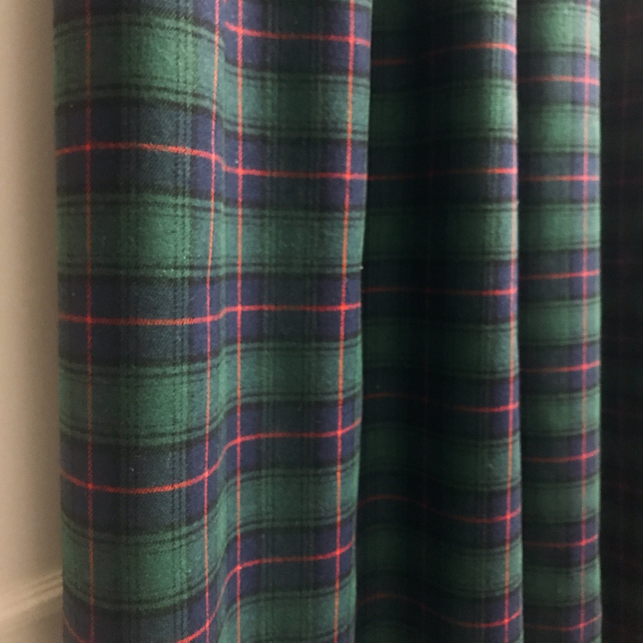 Navy Blue and Deep Green Wool Blend Plaid Curtain on Red Accents