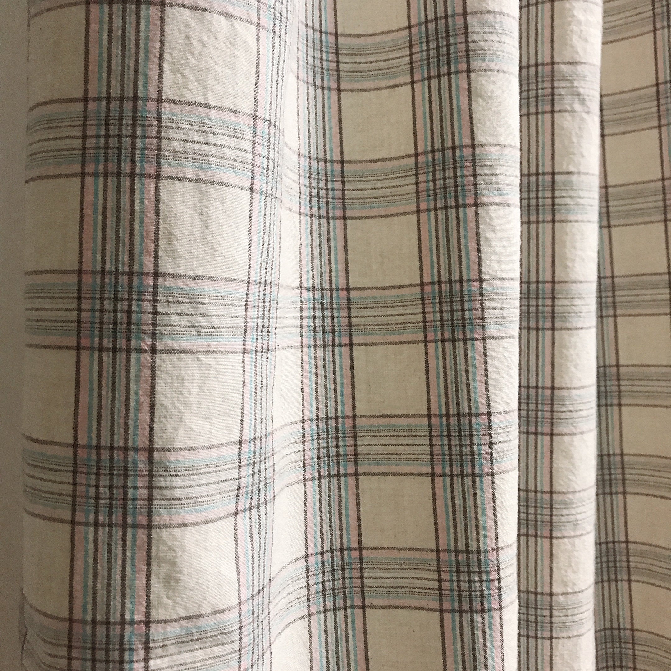 Brown Pink and Mint Plaid Curtain on Natural Beige