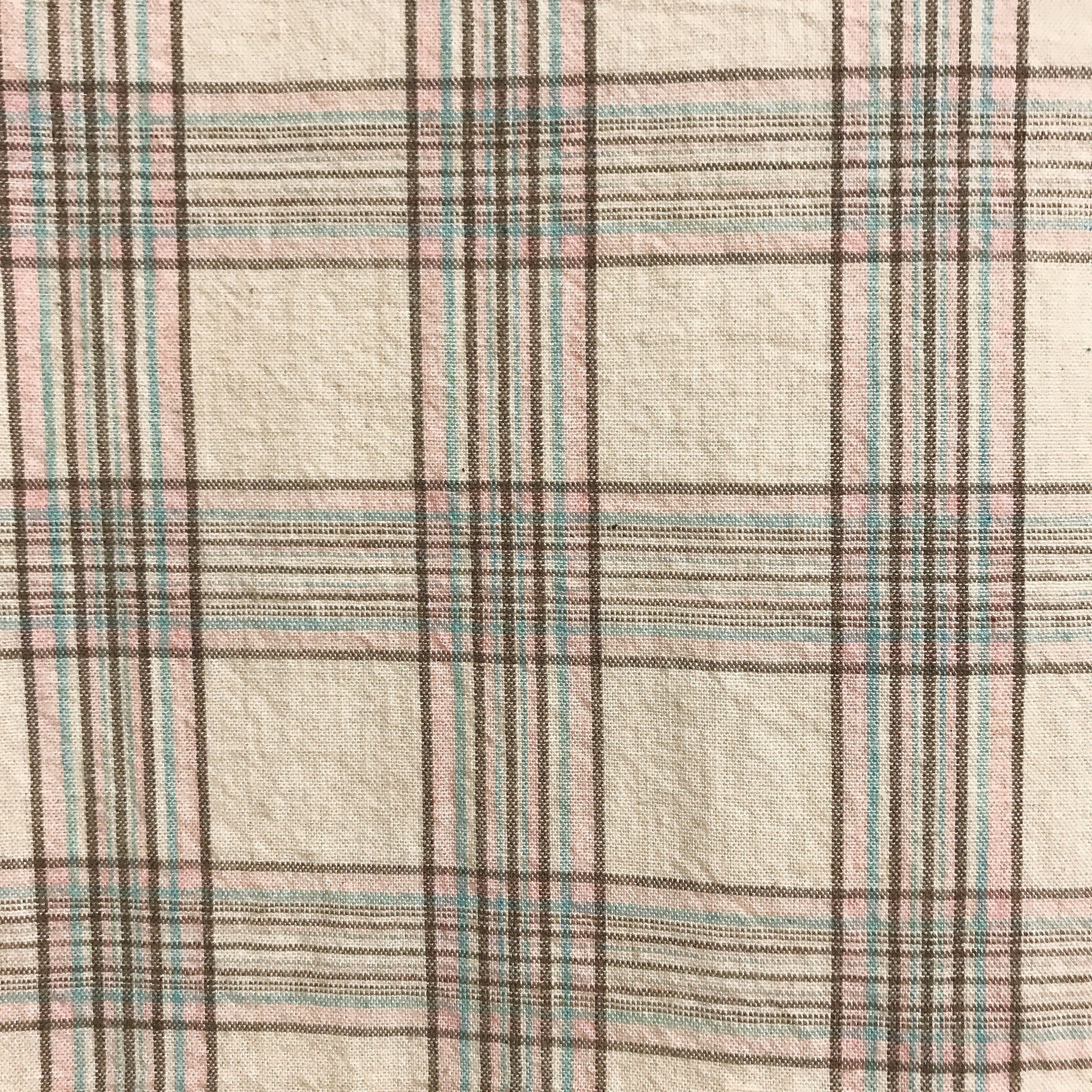 Brown Pink and Mint Plaid Curtain on Natural Beige