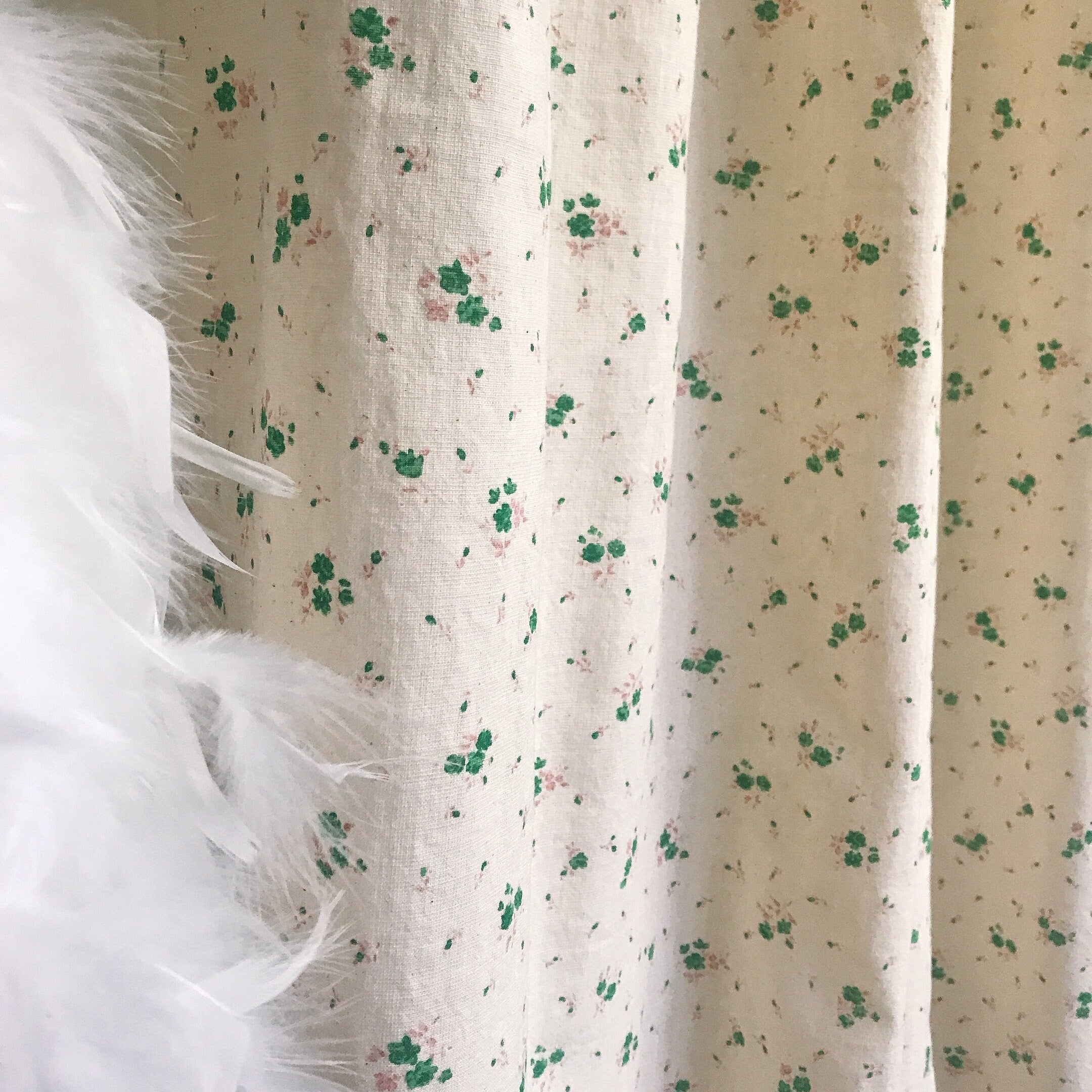 Green and Pink Tiny Floral Curtain on Natural Beige