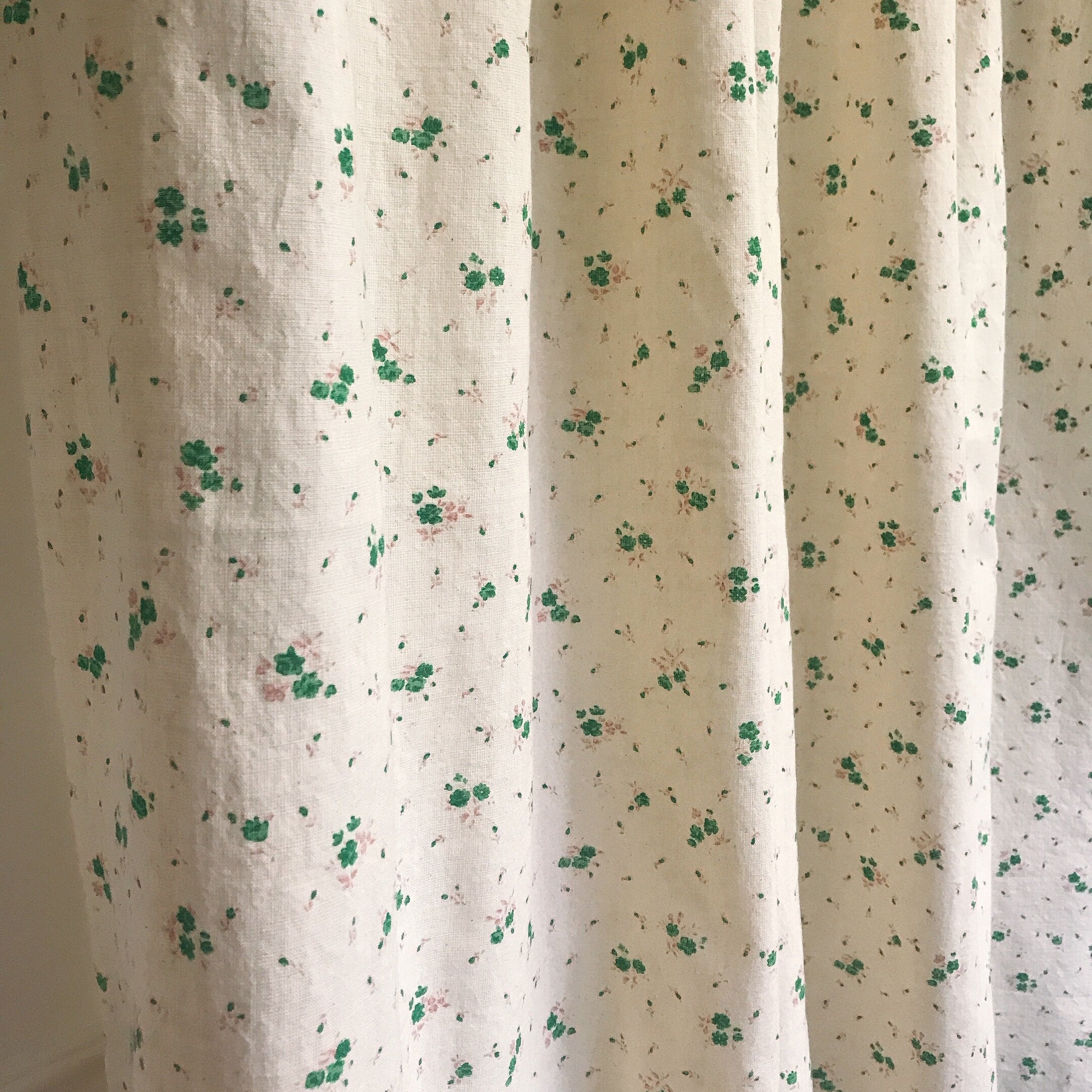 Green and Pink Tiny Floral Curtain on Natural Beige