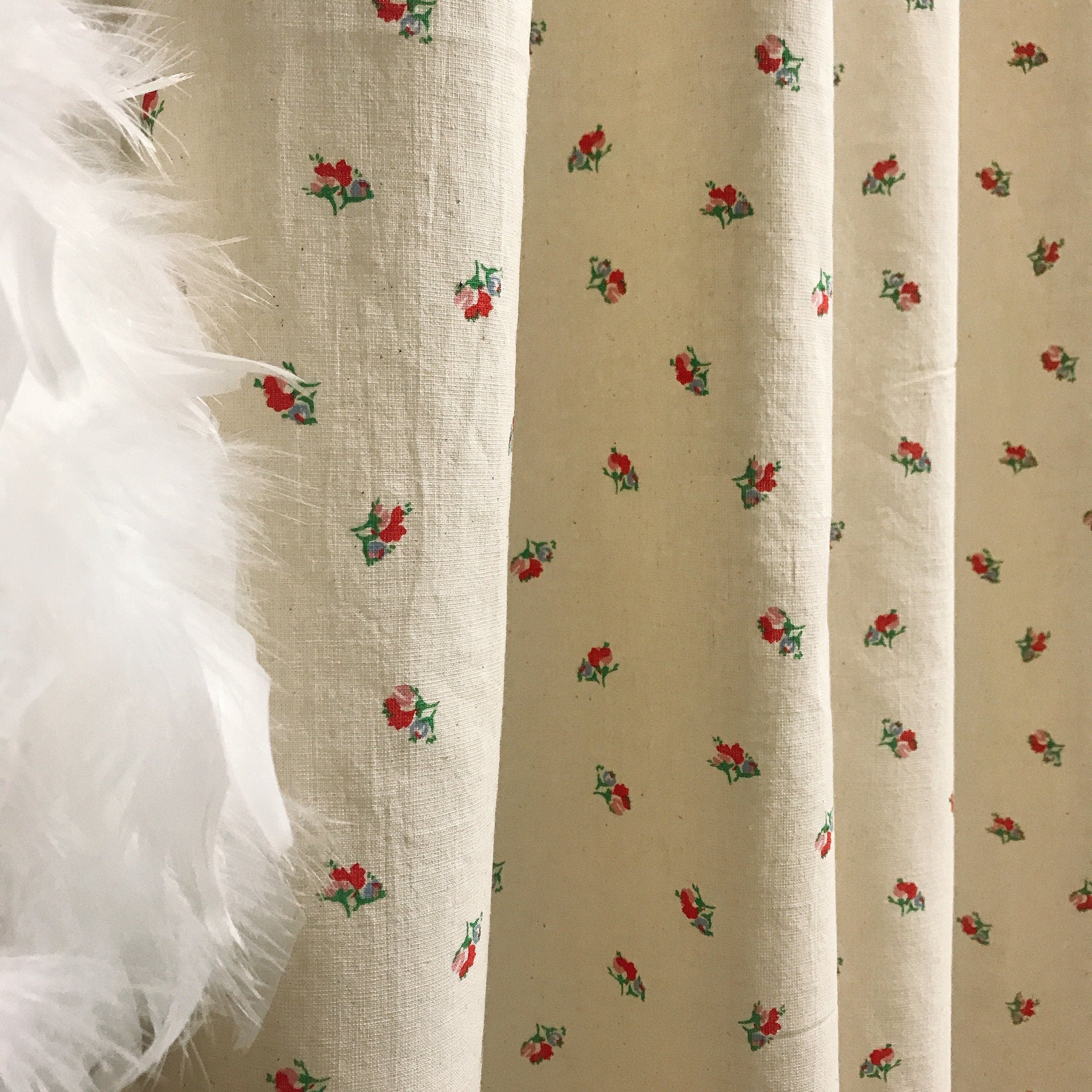 Scarlet Red Pink Tiny Floral Curtain on Natural Beige Drapery