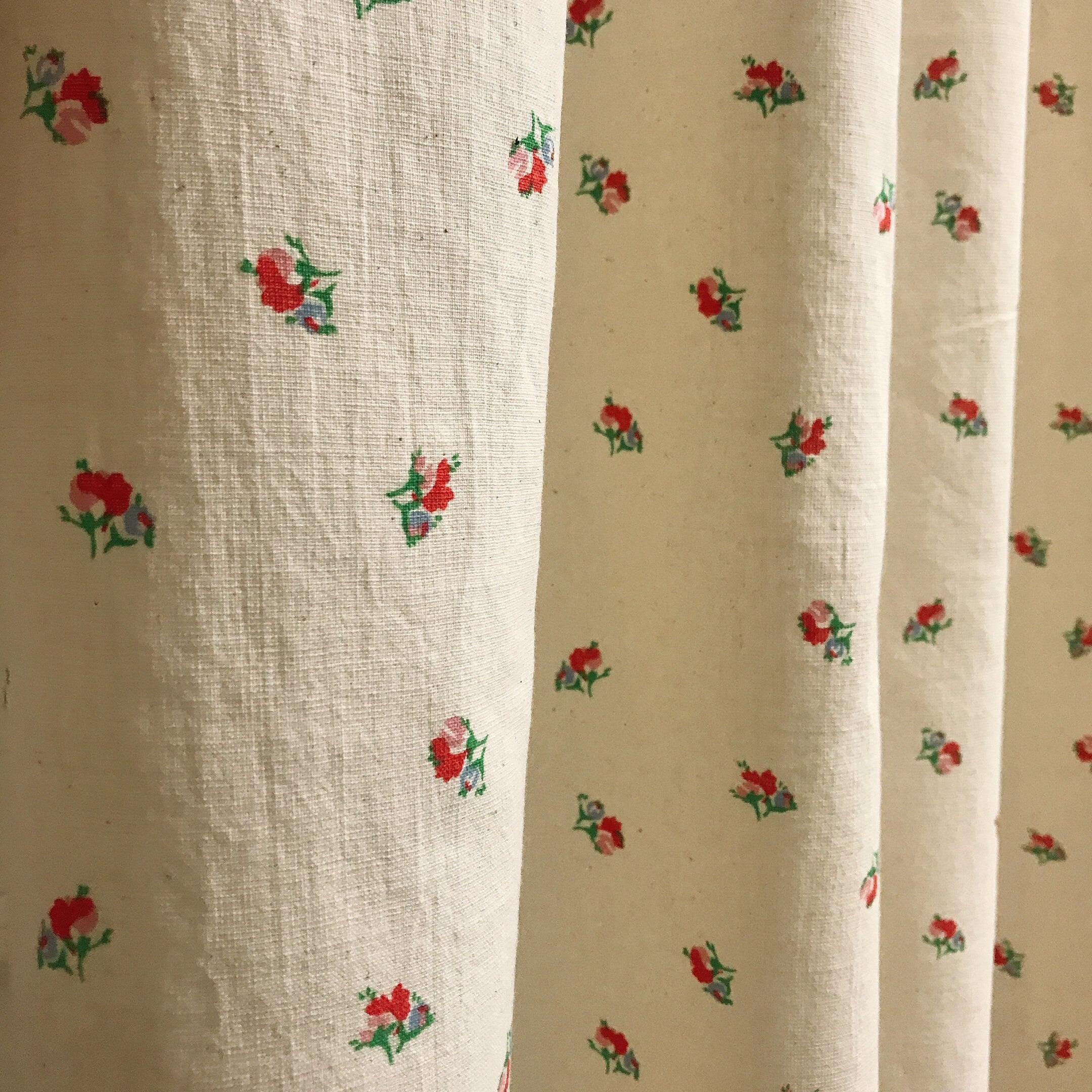 Scarlet Red Pink Tiny Floral Curtain on Natural Beige Drapery