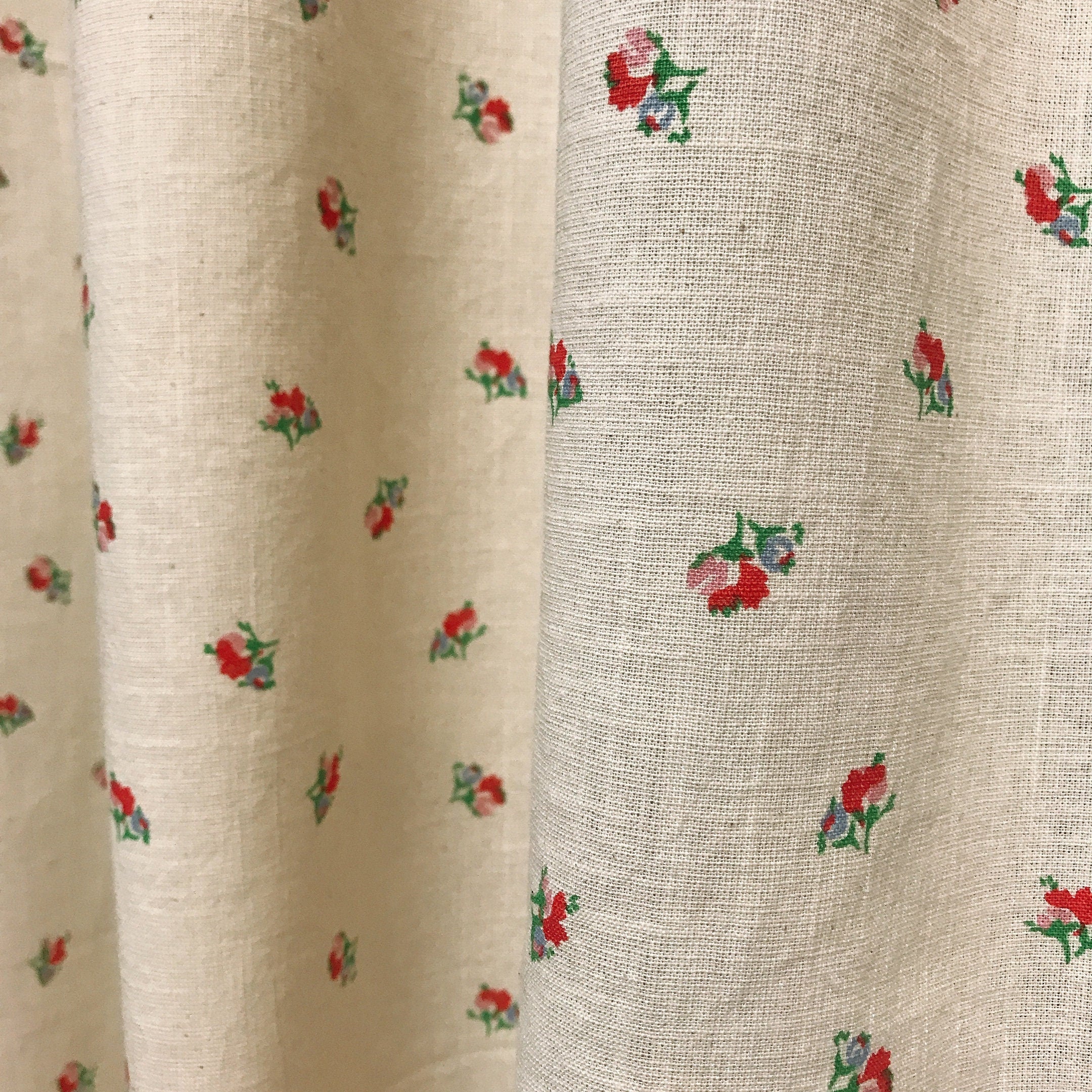 Scarlet Red Pink Tiny Floral Curtain on Natural Beige Drapery