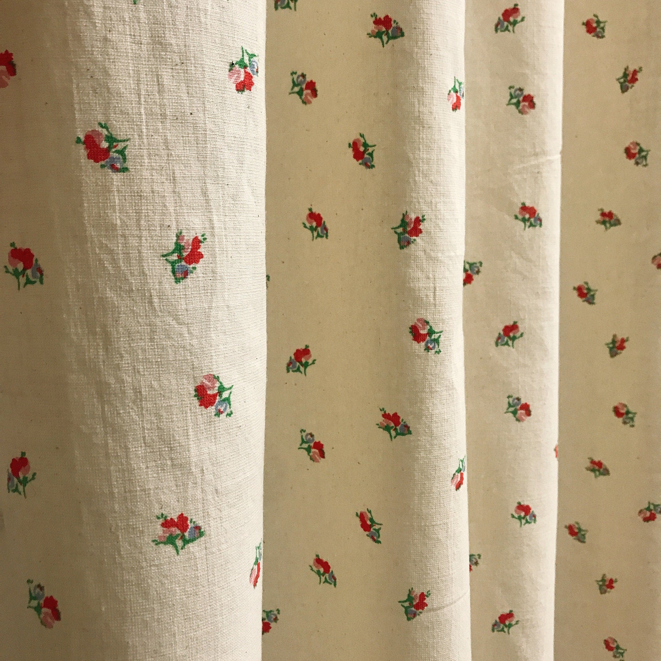 Scarlet Red Pink Tiny Floral Curtain on Natural Beige Drapery