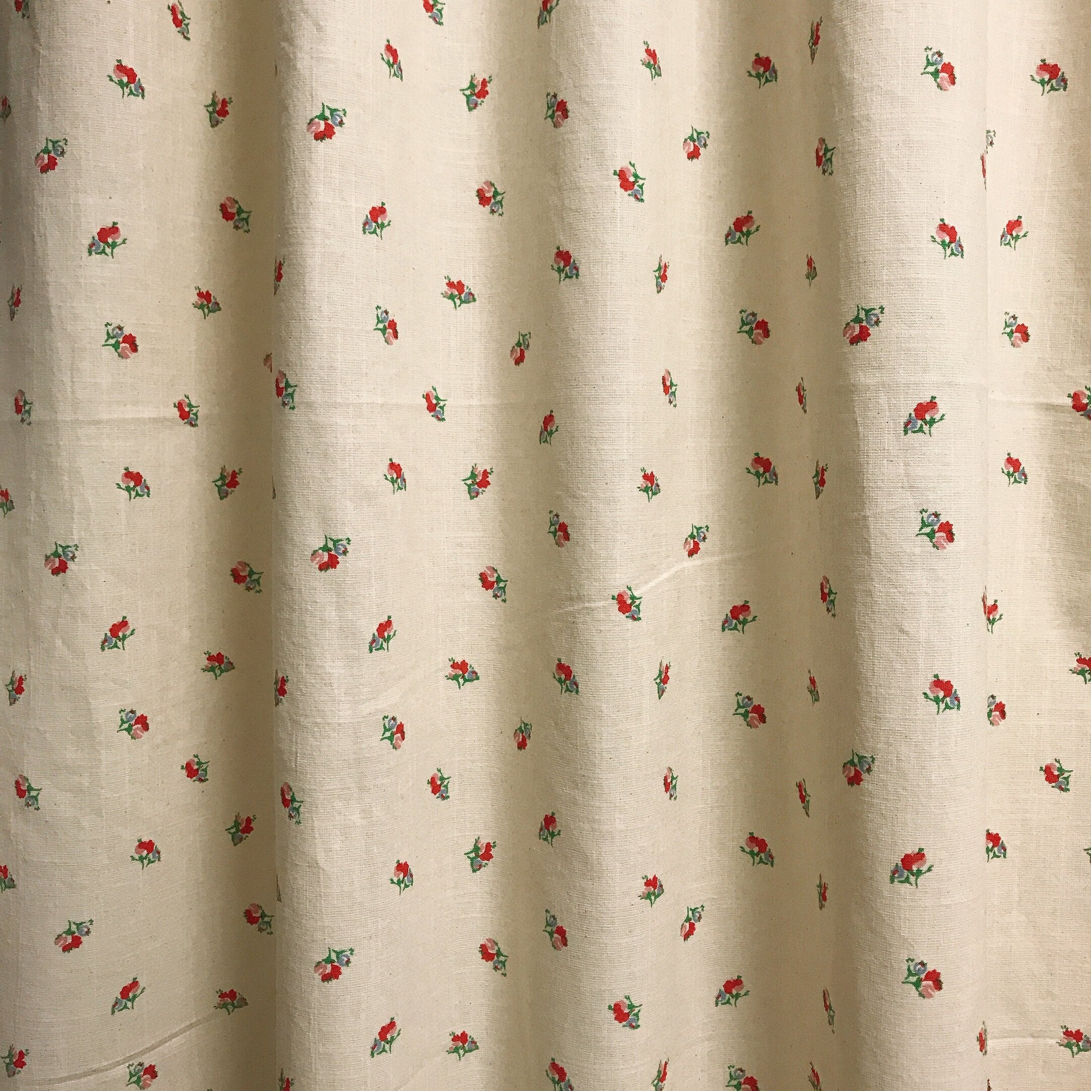Scarlet Red Pink Tiny Floral Curtain on Natural Beige Drapery