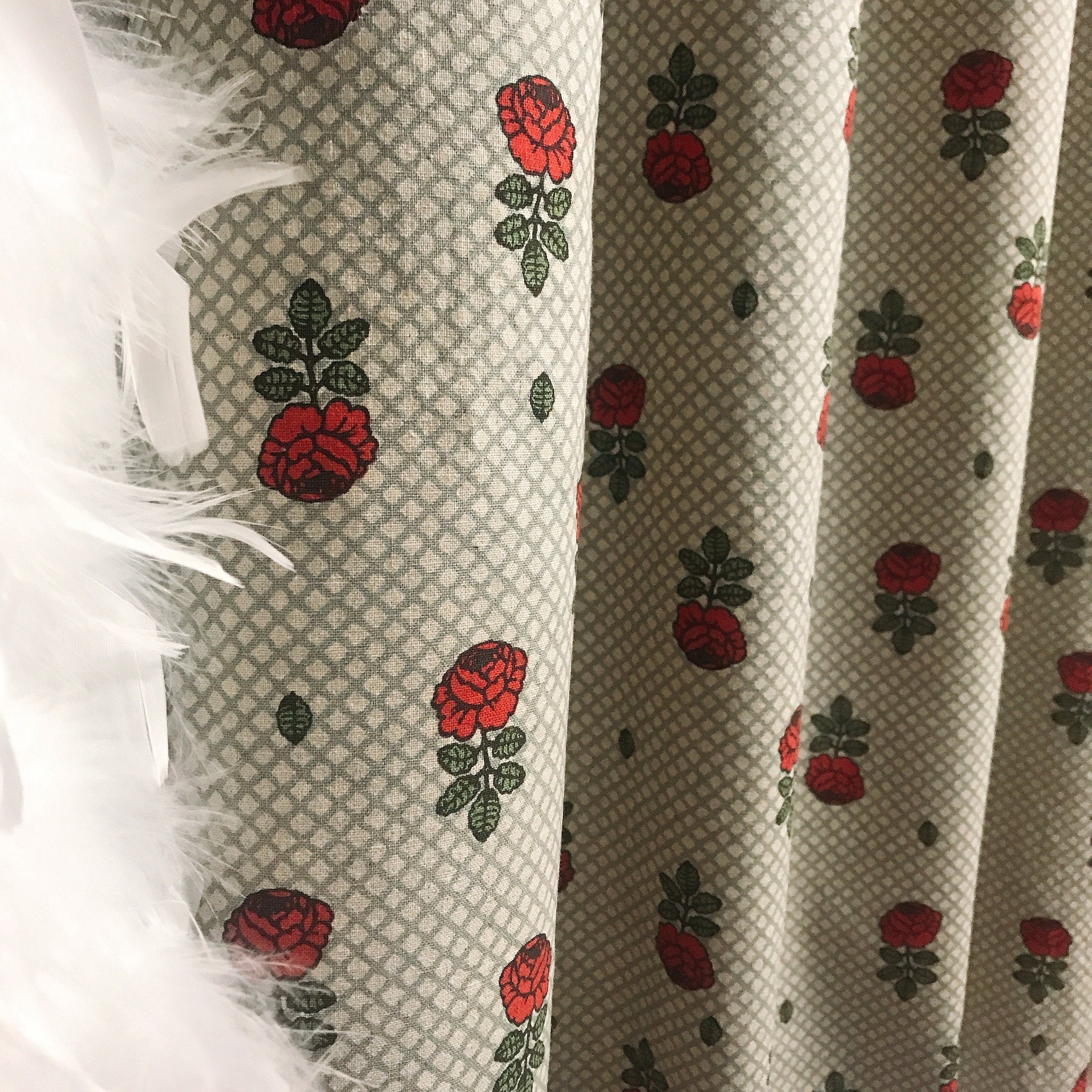 Red Rose and Mint Plaid Curtain on Natural Beige