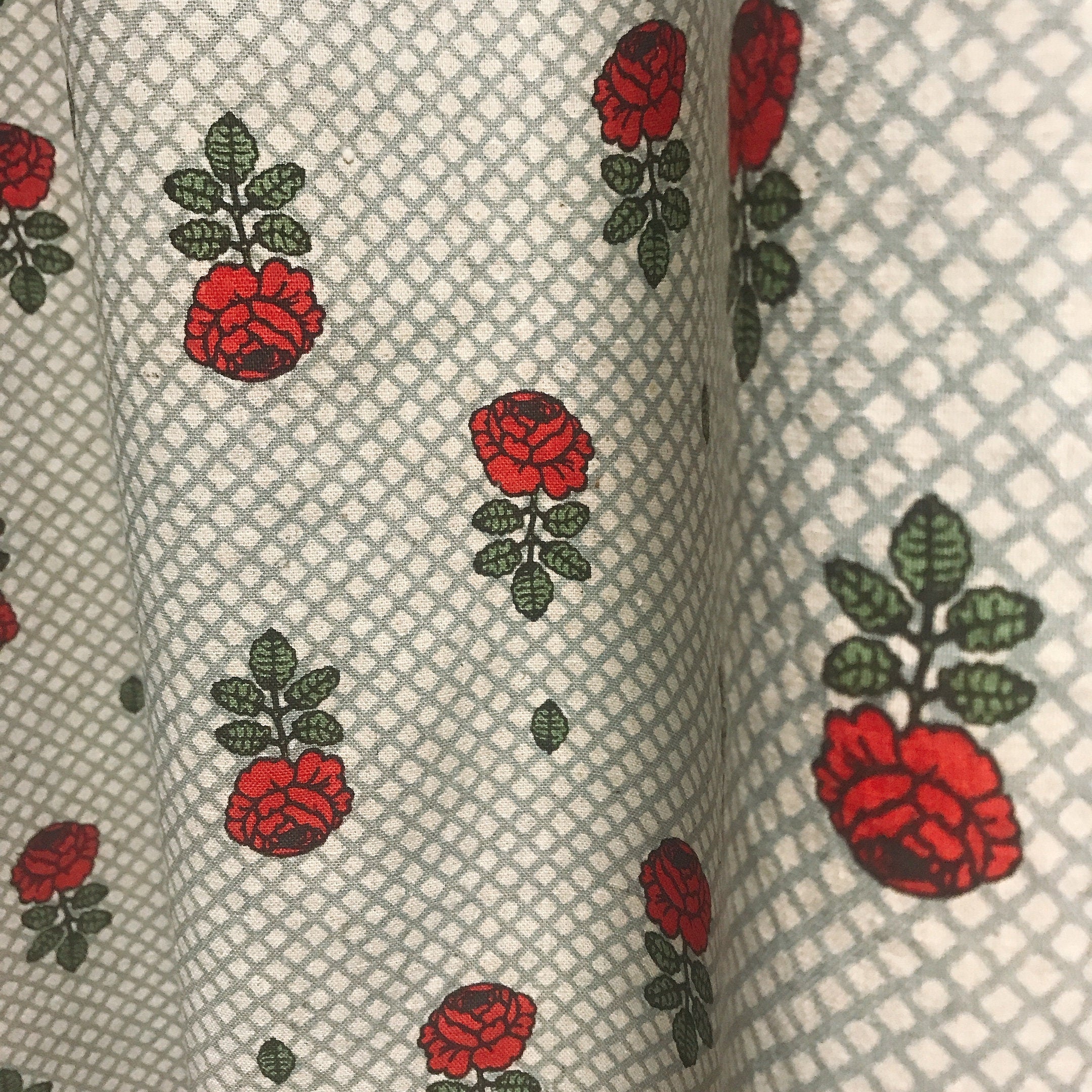 Red Rose and Mint Plaid Curtain on Natural Beige