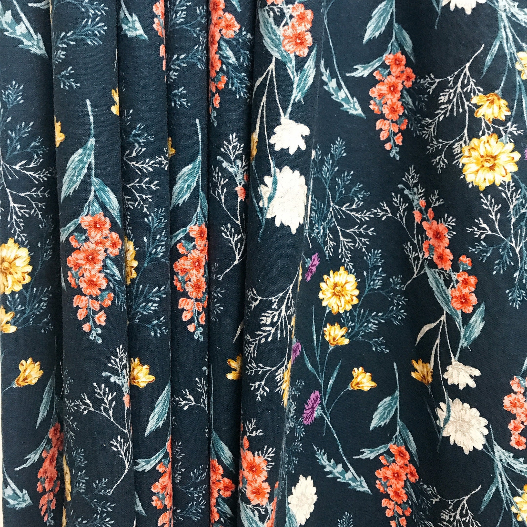 Wild Flowers Curtain on Navy Blue
