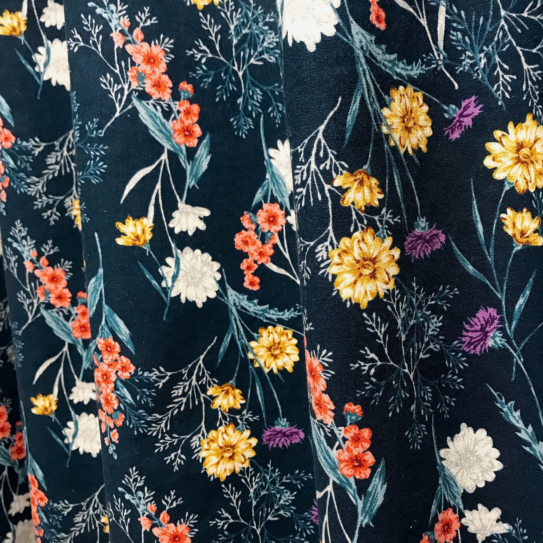 Wild Flowers Curtain on Navy Blue