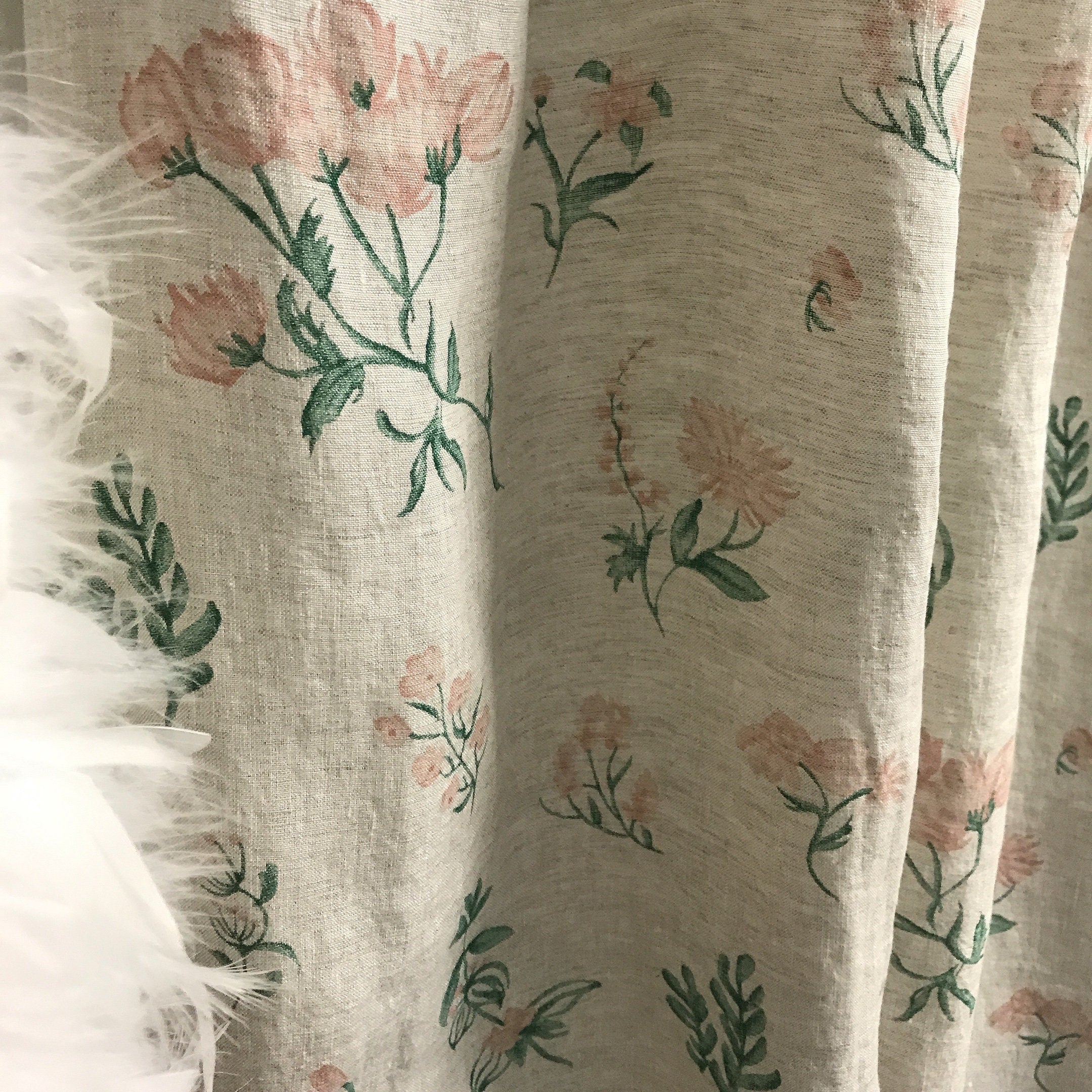 Pale Baby Pink Floral Curtain on Soft Light Melange