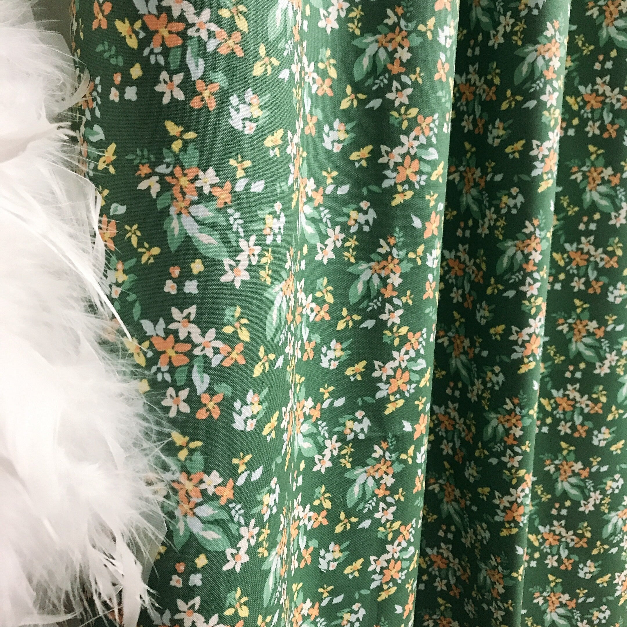 Peach and Yellow Micro Floral Curtain on Light Olive