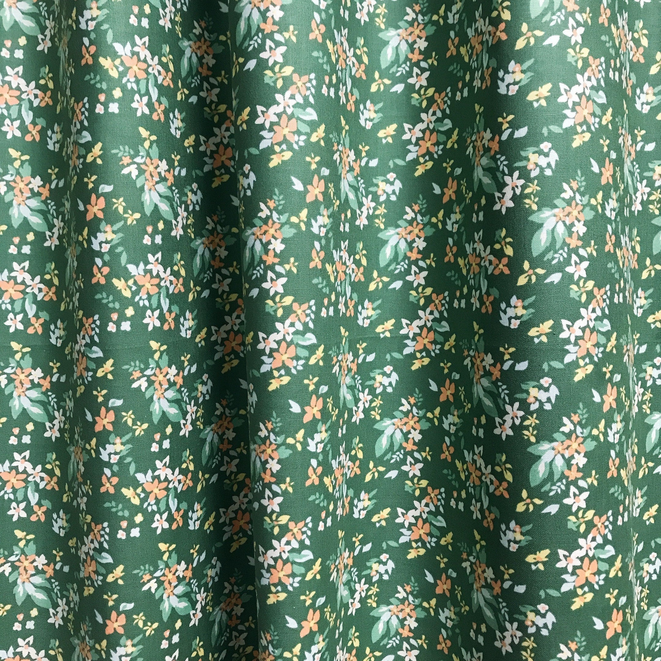 Peach and Yellow Micro Floral Curtain on Light Olive
