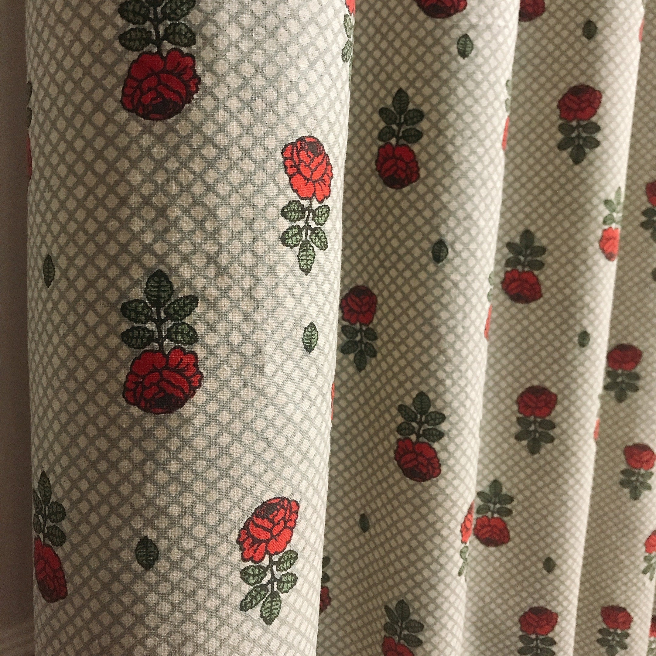 Red Rose and Mint Plaid Curtain on Natural Beige