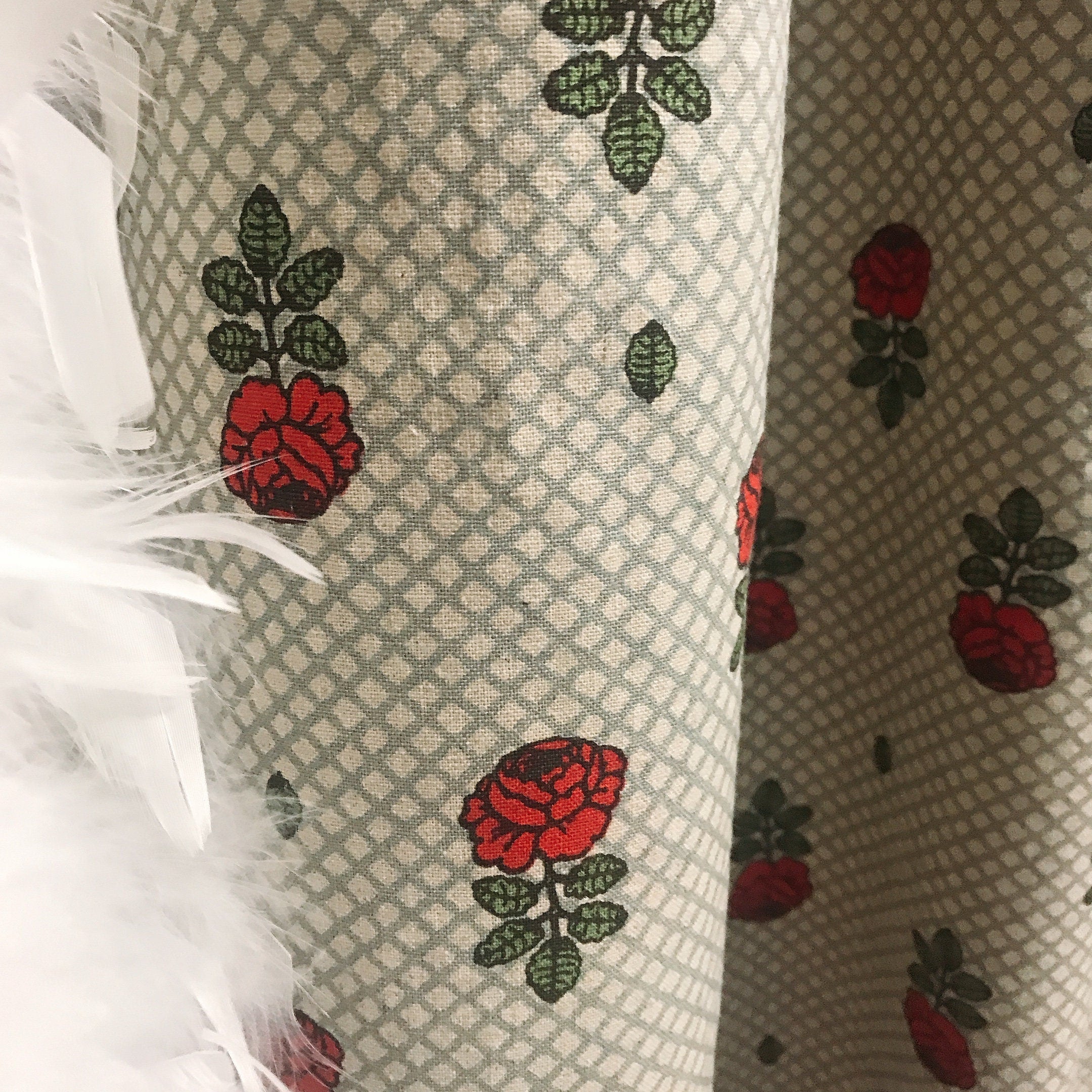 Red Rose and Mint Plaid Curtain on Natural Beige