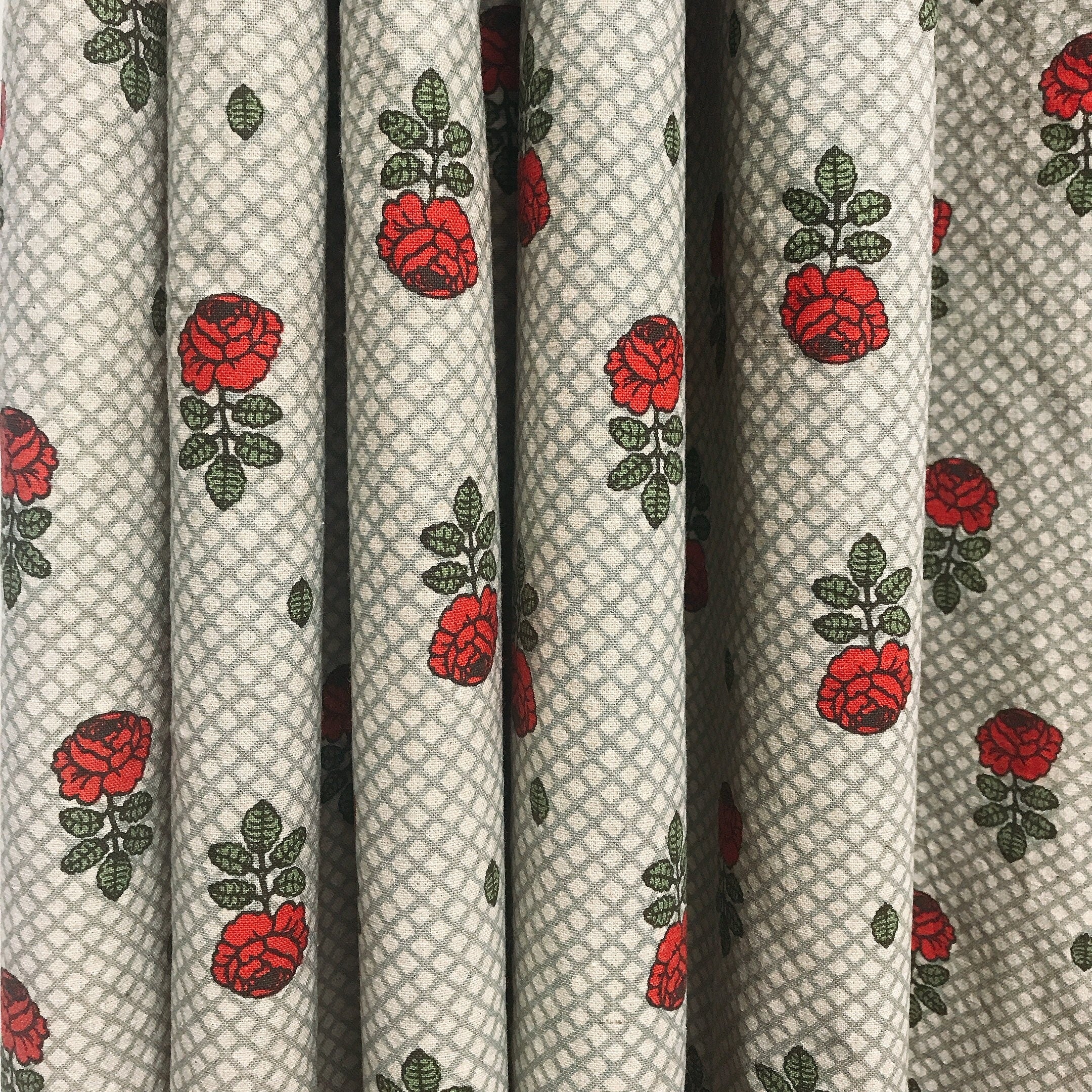 Red Rose and Mint Plaid Curtain on Natural Beige