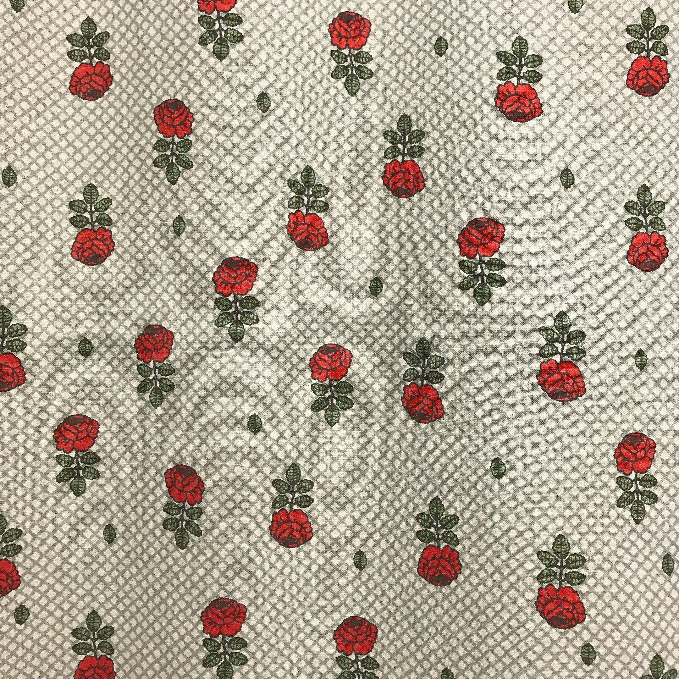 Red Rose and Mint Plaid Curtain on Natural Beige